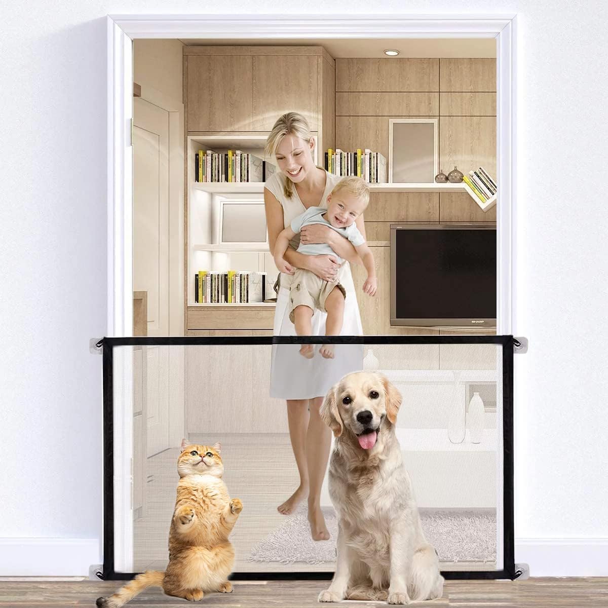 Tazweeq Black Mesh Magic Pet Dog Gate for Stairs, Doorways, Hallways, Easy-Install Child's Safety Gates, Folding for Indoor and Outdoor, 180cm*72cm