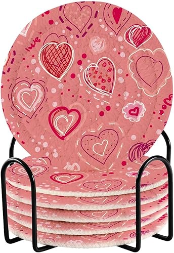 Lovely Hearts Pattern Coasters Coasters for Drinks Set with Holder 6 Pack Home Coasters Housewarming Gift for Home