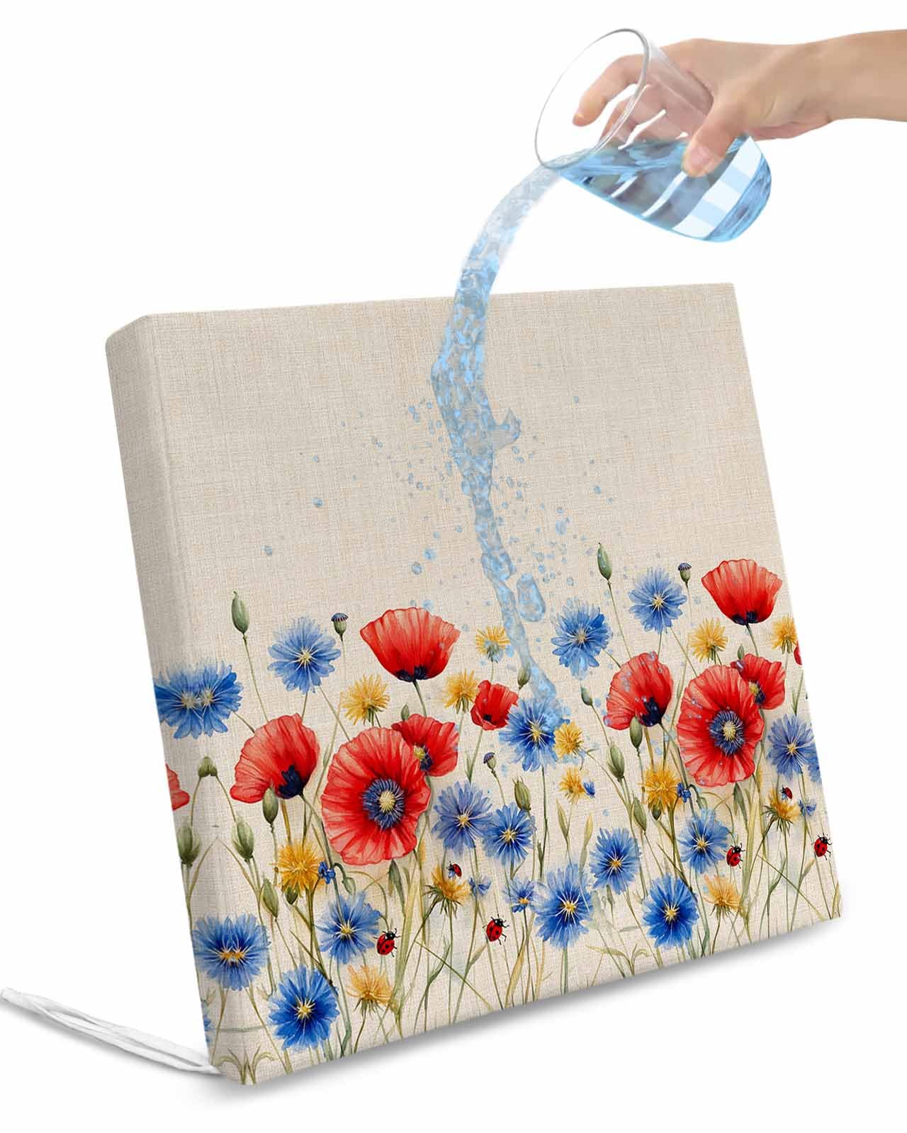 2 Pack Red Flower Waterproof Cushion Covers with Ties, Outdoor Patio Chaise Lounge Chair Seat Cushion Slip Covers Replacement(Only Cover) Blue Garden Blossom Floral Independence Day 22