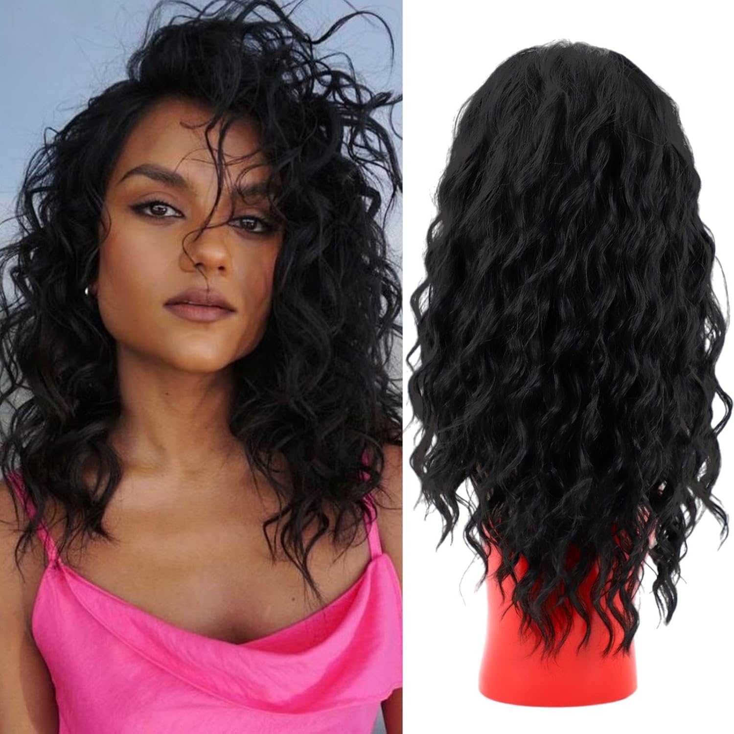 Fencca Black Curly Wigs for Women Medium Length Wavy Curly Synthetic Wig Free Part Puffy Long Curly 18 inch Natural Color Wig Mid-length Black
