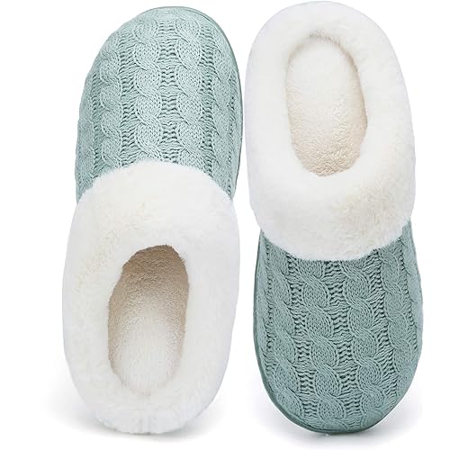 WateLves Women's Memory Foam Slippers Knitted Fur Collar House Shoes Anti-Skid Sole for Indoor & Outdoor