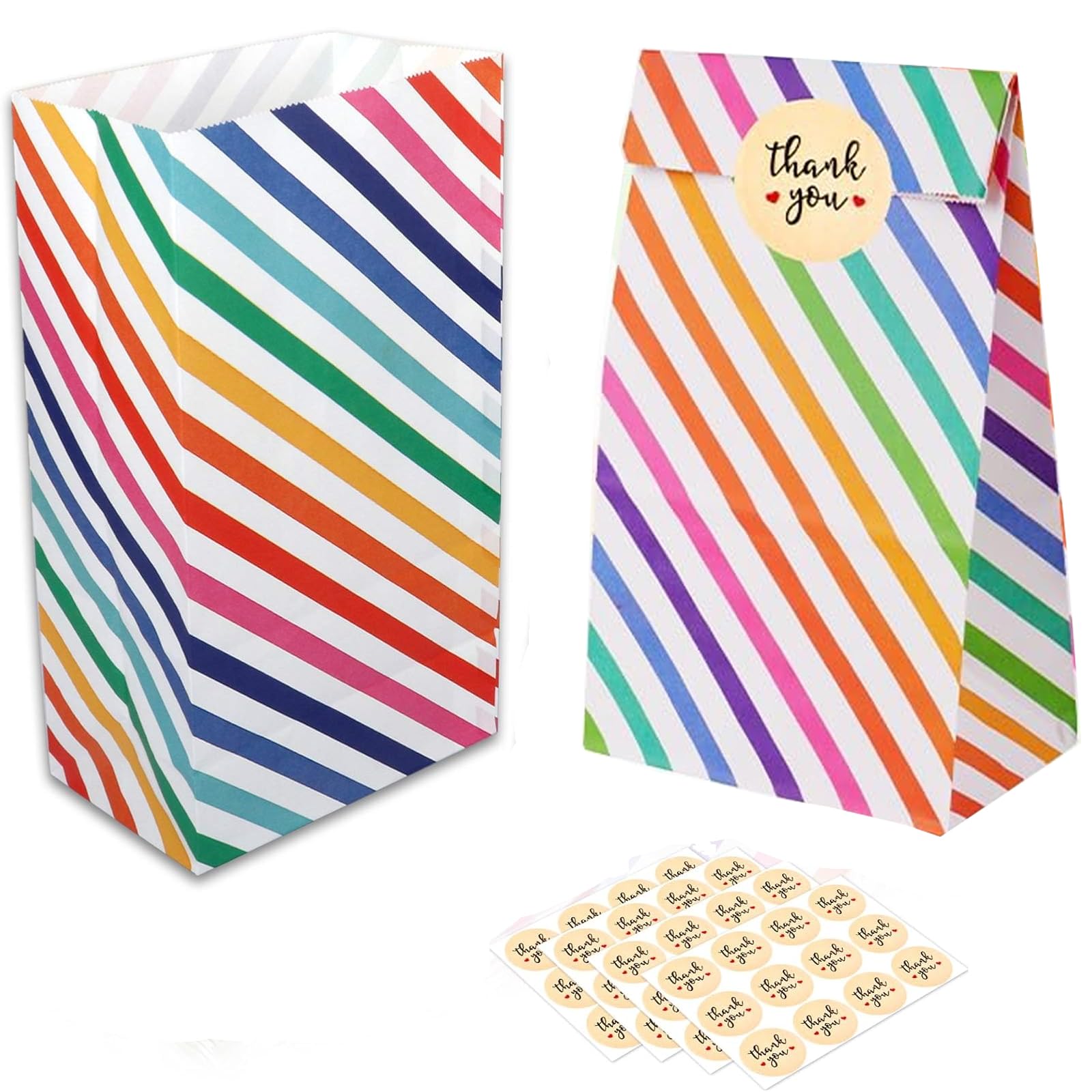 40 Pcs Kraft Paper Candy Bags, Rainbow Stripe Kids Birthday Bags