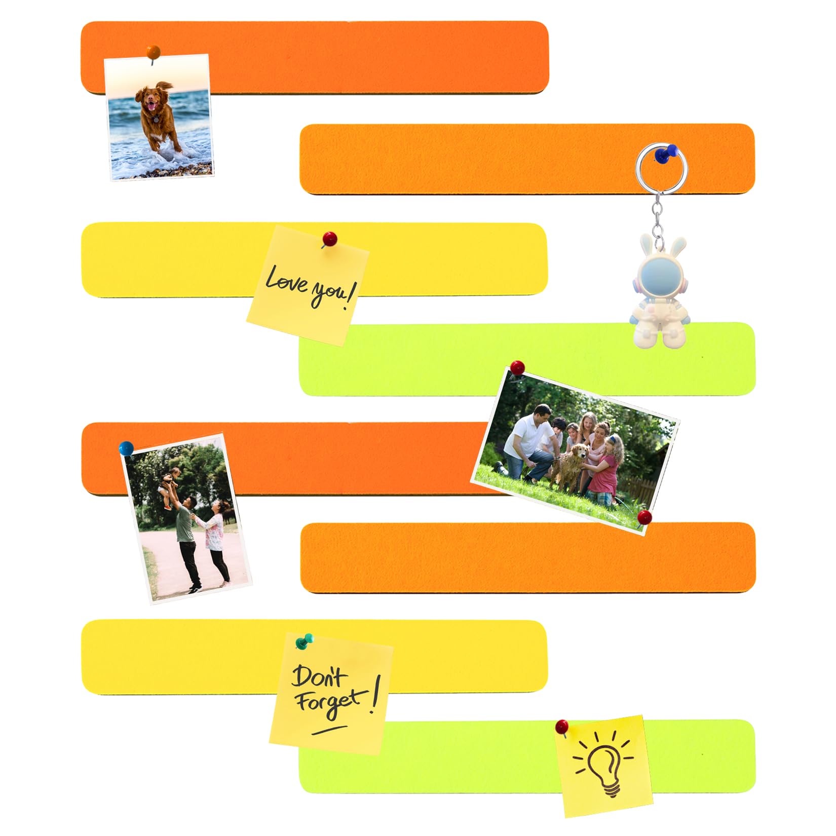HULAVO Rectangle Felt Bulletin Board Bar Strips, 8Pcs Self-Adhesive Cork Board Pinboard Strips with 35 Pushpins for Office School Home(Gradual Orange)