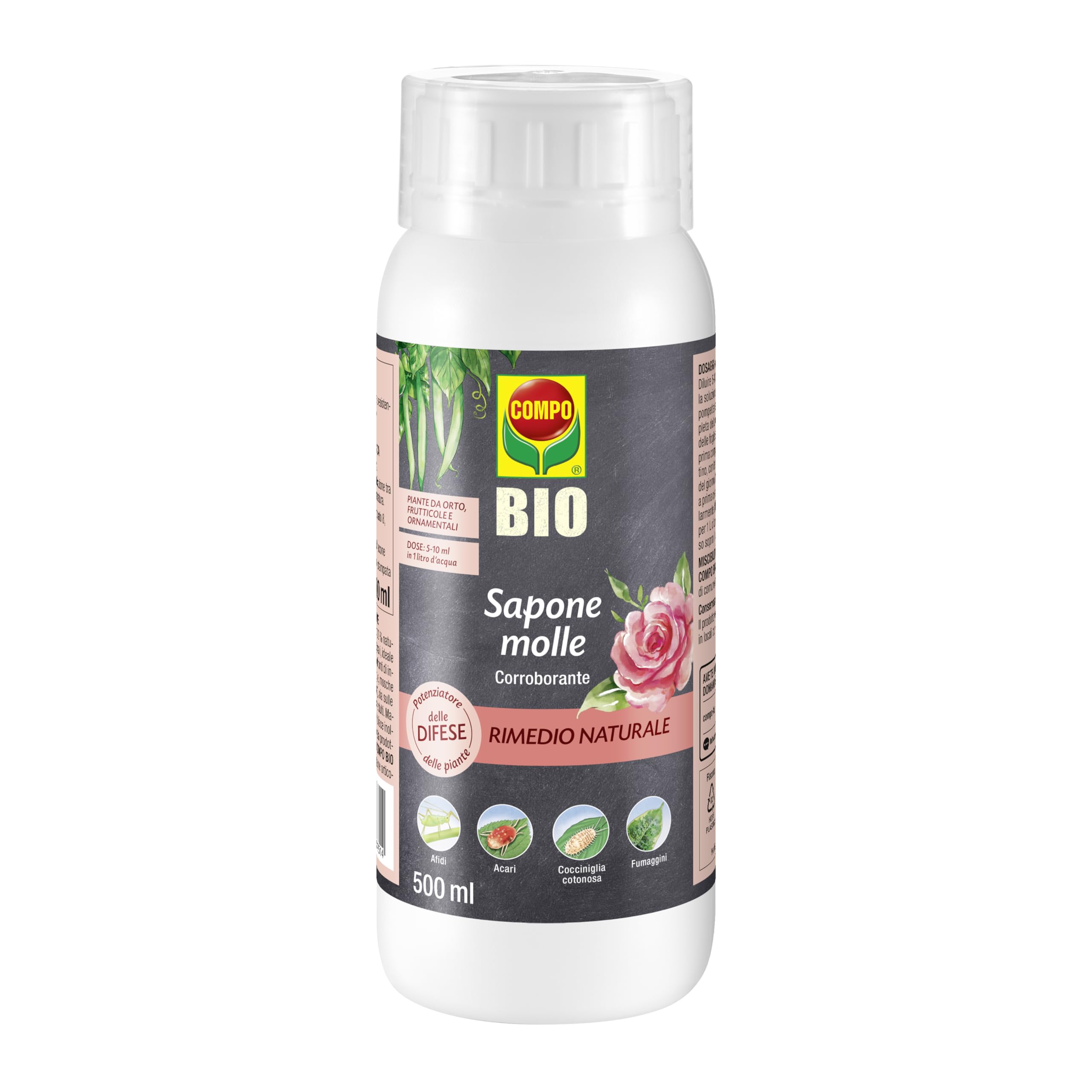 COMPO BIO Sapone Molle Concentrato, Potenziatore delle Difese delle Piante nei confronti di Insetti, Afidi, Acari e Cocciniglia, 100% Naturale, 500 ml