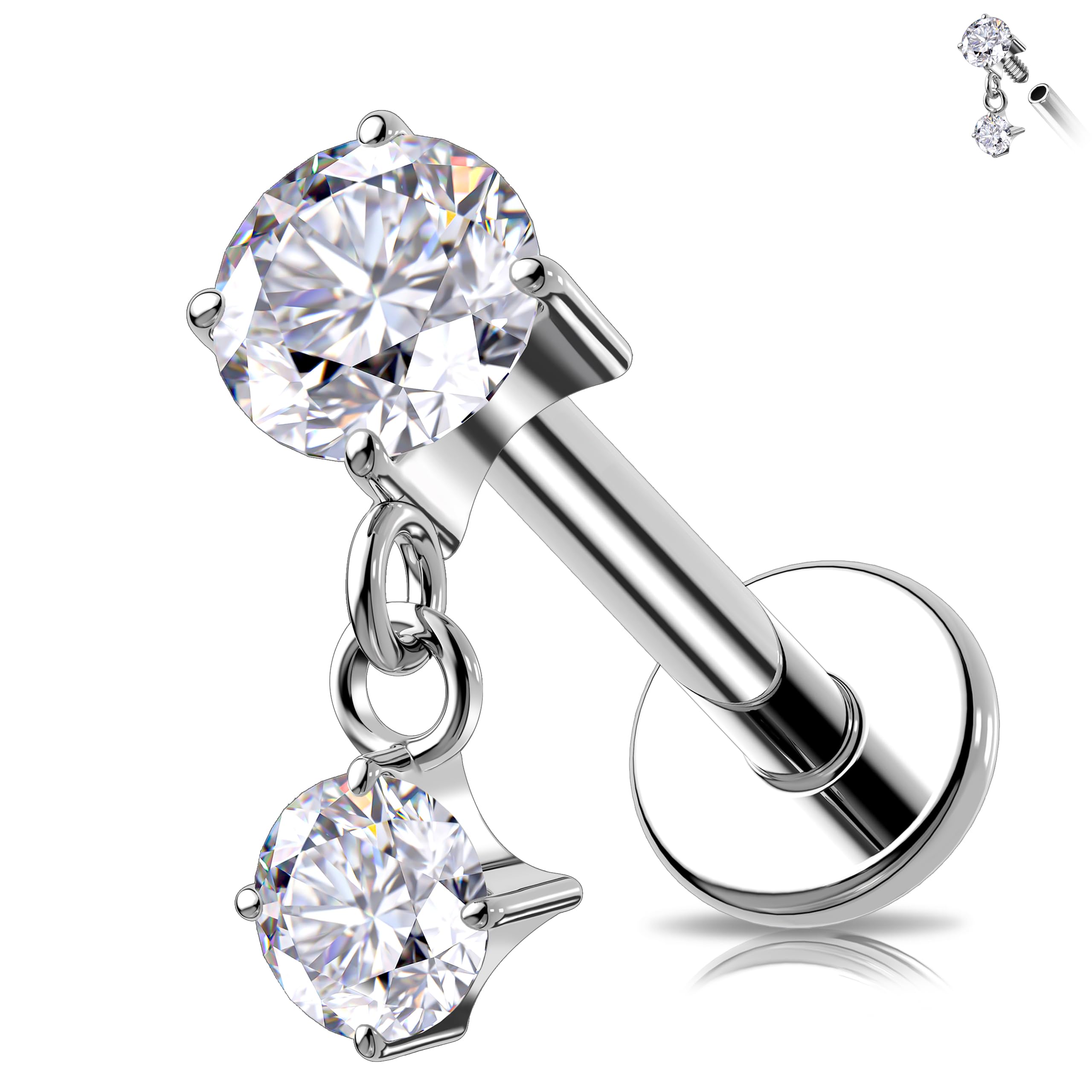 Melighting16G Helix Earring Titanium G23 Dangle Flat Back Earring Internally Threaded Clear CZ Cartilage Earring 6/8 mm Helix Piercing Jewelry for Women Tragus Earring