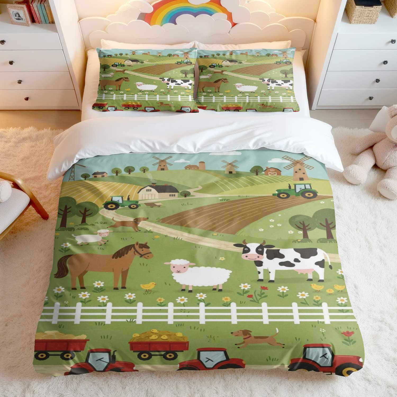 Parure de lit 3 pièces housse de couette motif animal de la ferme chambre d'enfant King 50x75