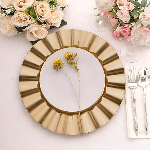 Vista 2 de Efavormart 6 Pack 13" Gold Acrylic Plastic Dinner Plate Chargers With Gold Brushed Wavy Scalloped Rim