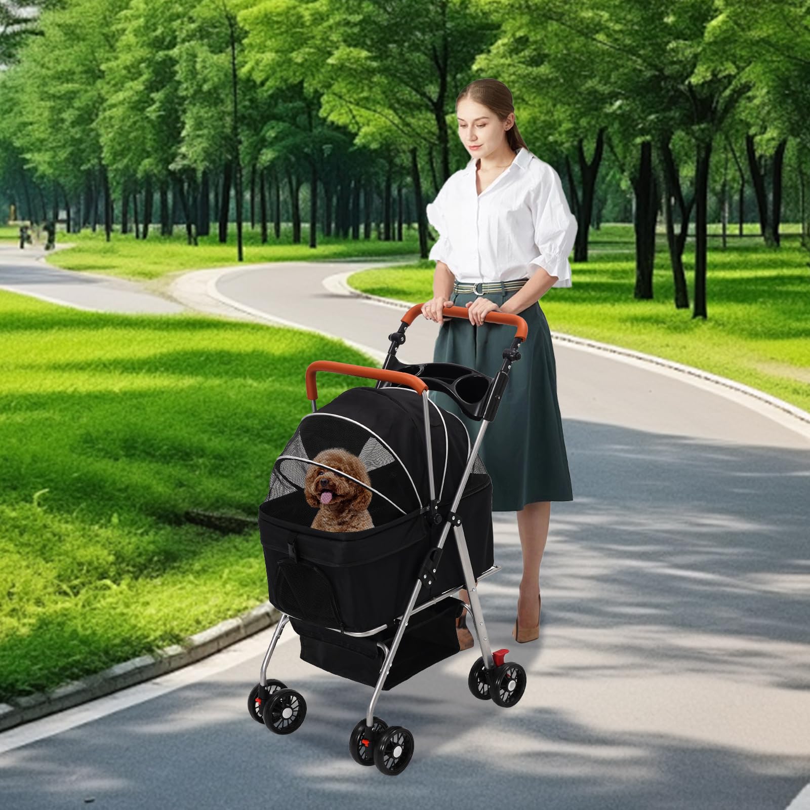 Cochecito para Perros 3 en1,Carro Perro Plegable,Hasta 20kg, Carrito Perro Con Rueda Universal de 360° con Freno,Cesta de Almacenamiento,Ventana de Malla,Portavasos y Asa Ajustable,para Perros Gatos