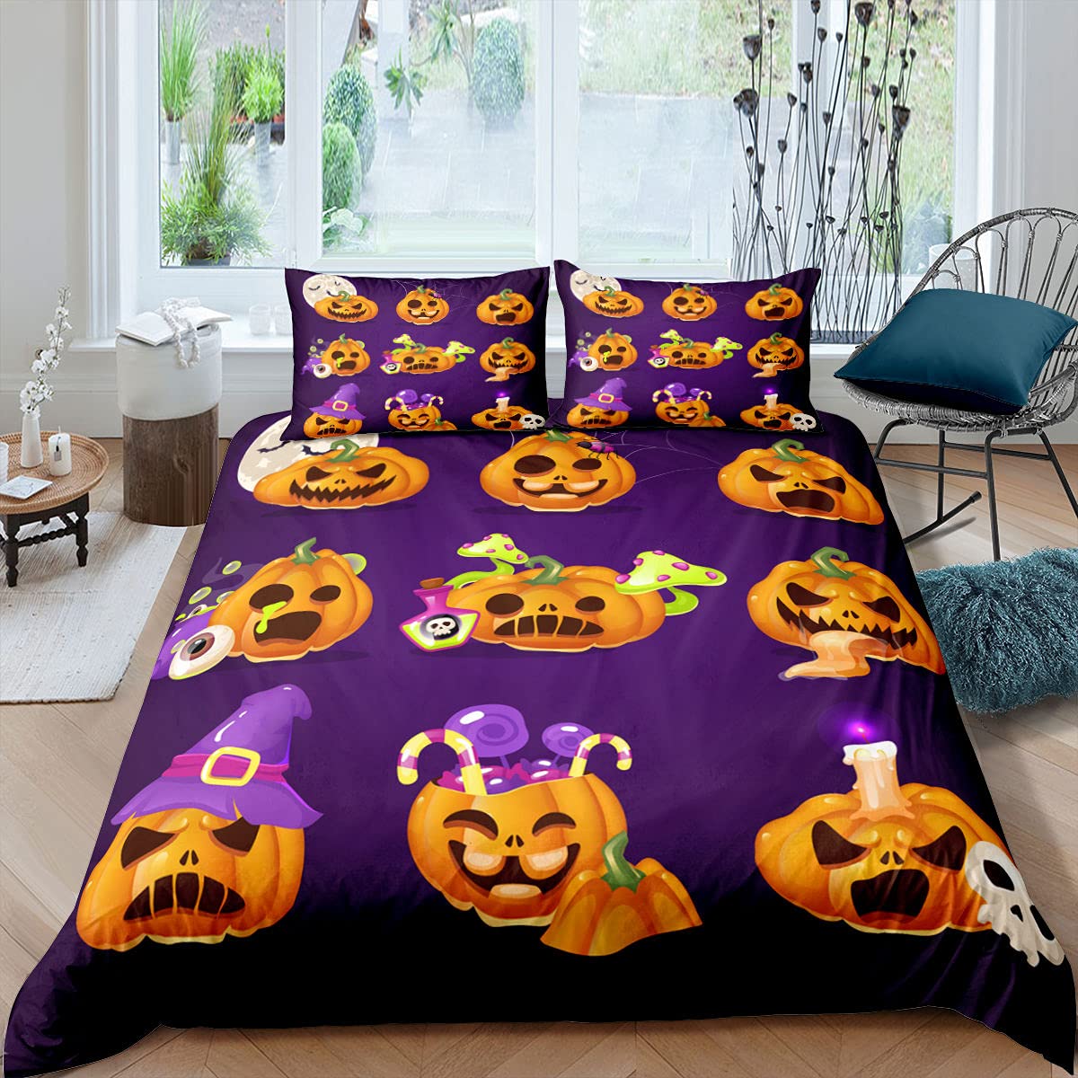 Homewish Kinder Kürbis Laterne Bettbezug 135X200, Halloween Themen Bettbezug Jungen Mädchen Pilz Garten Pflanzen Bettwäsche Set Totenkopf Gothic Spooky Cartoon Bettbezug Mit 1 Kissenbezug, Lila