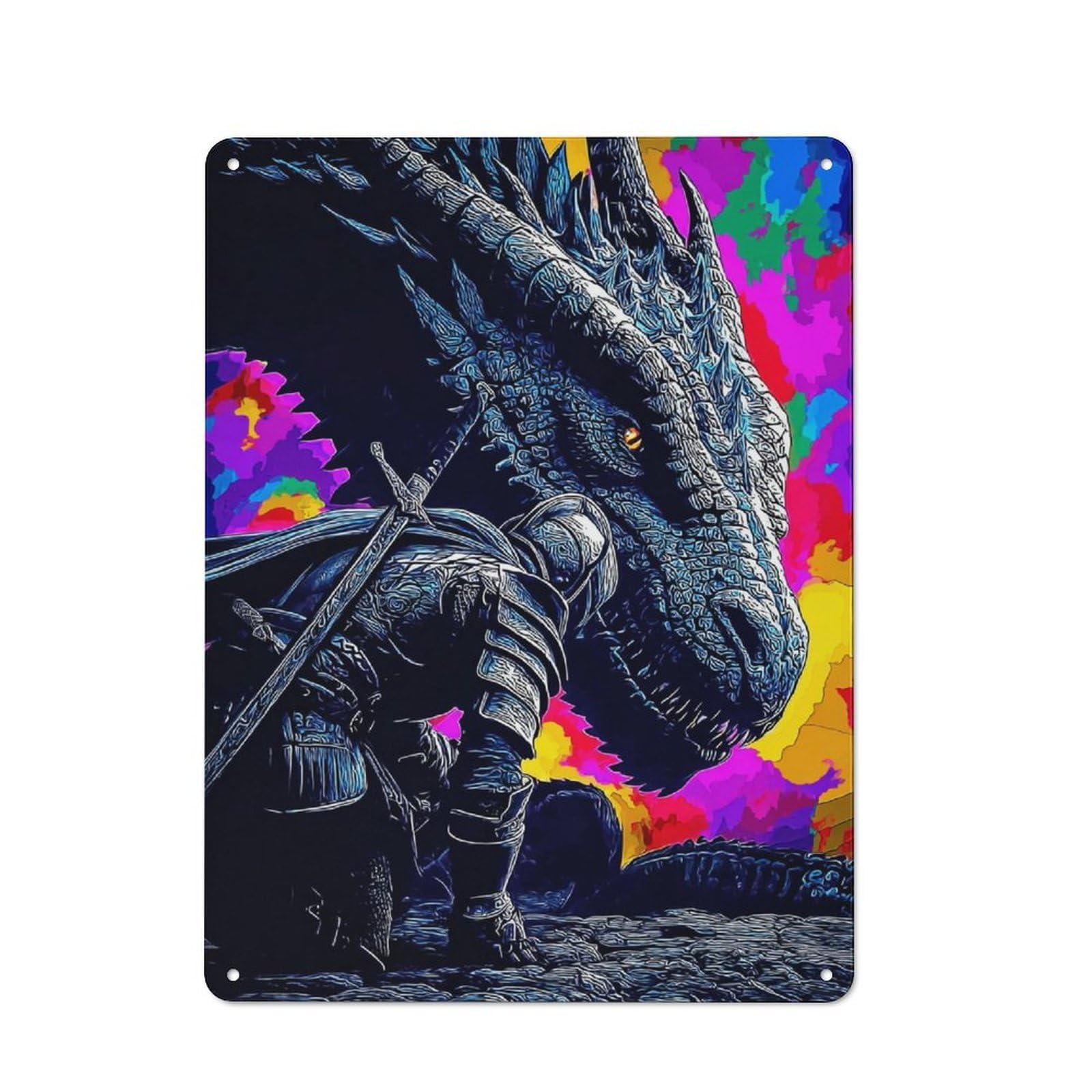 Junmoney Dragon Battle Epic Fantasy Art Retro Metal Wall Sign 40X30cm For Hobby Room Or Studio, For Garage, Workshop And Man Cave Decoration