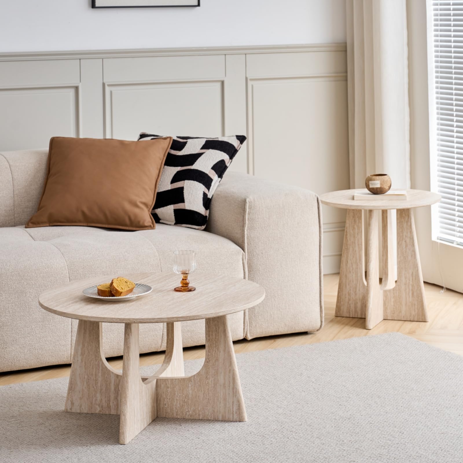 GrandCA HOME Lot de 2 Table Basse Ronde, Table D'appoint de Salon de Style Minimaliste Moderne, Matériau en Panneaux de Fibres de Densité Moyenne, Convient pour Le Salon, La Chambre à Coucher - Beige