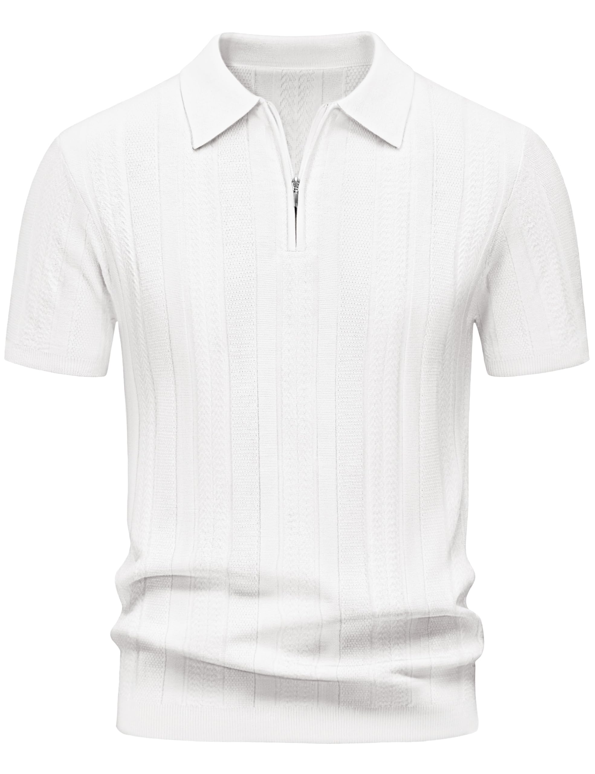 Cotrasen Mens Zipper Polo Shirts Short Sleeve Textured Knit Polo Shirts Regular Fit Casual Stretchy Golf Shirts