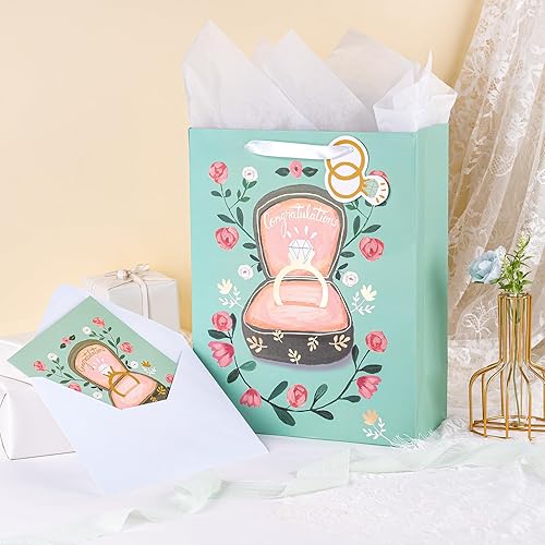 Miniatura 4 de WRAPAHOLIC Bolsas de regalo grandes de 13 pulgadas con tarjeta y papel de seda, diseño de anillo de diamantes para bodas, compromisos, despedidas de
