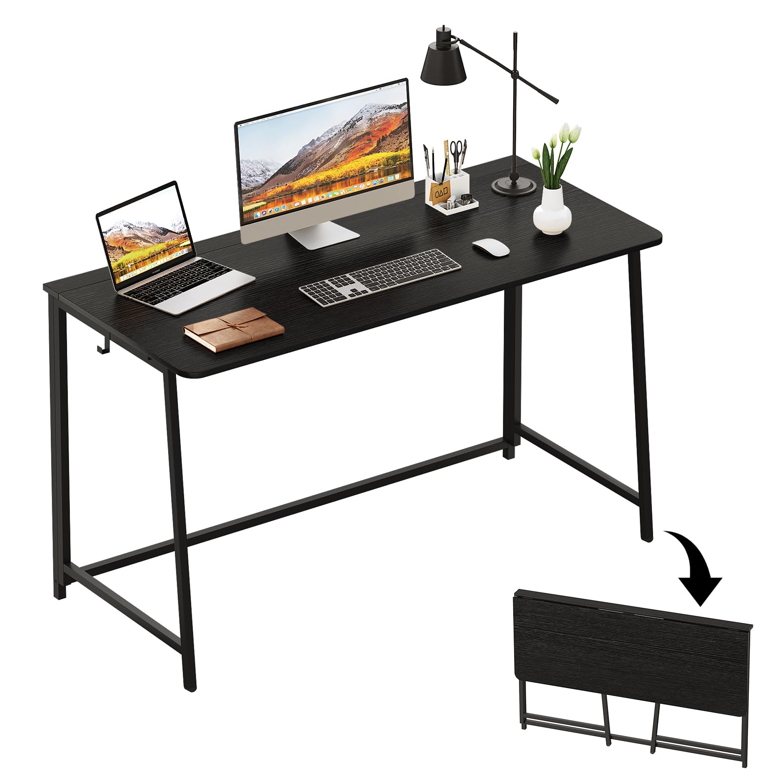 WOHOMOFolding Desk, 47.2" Foldable Computer Desk for Bedroom, Space Saving Computer Table Writing Workstation for Home Office, Easy Assembly, Black