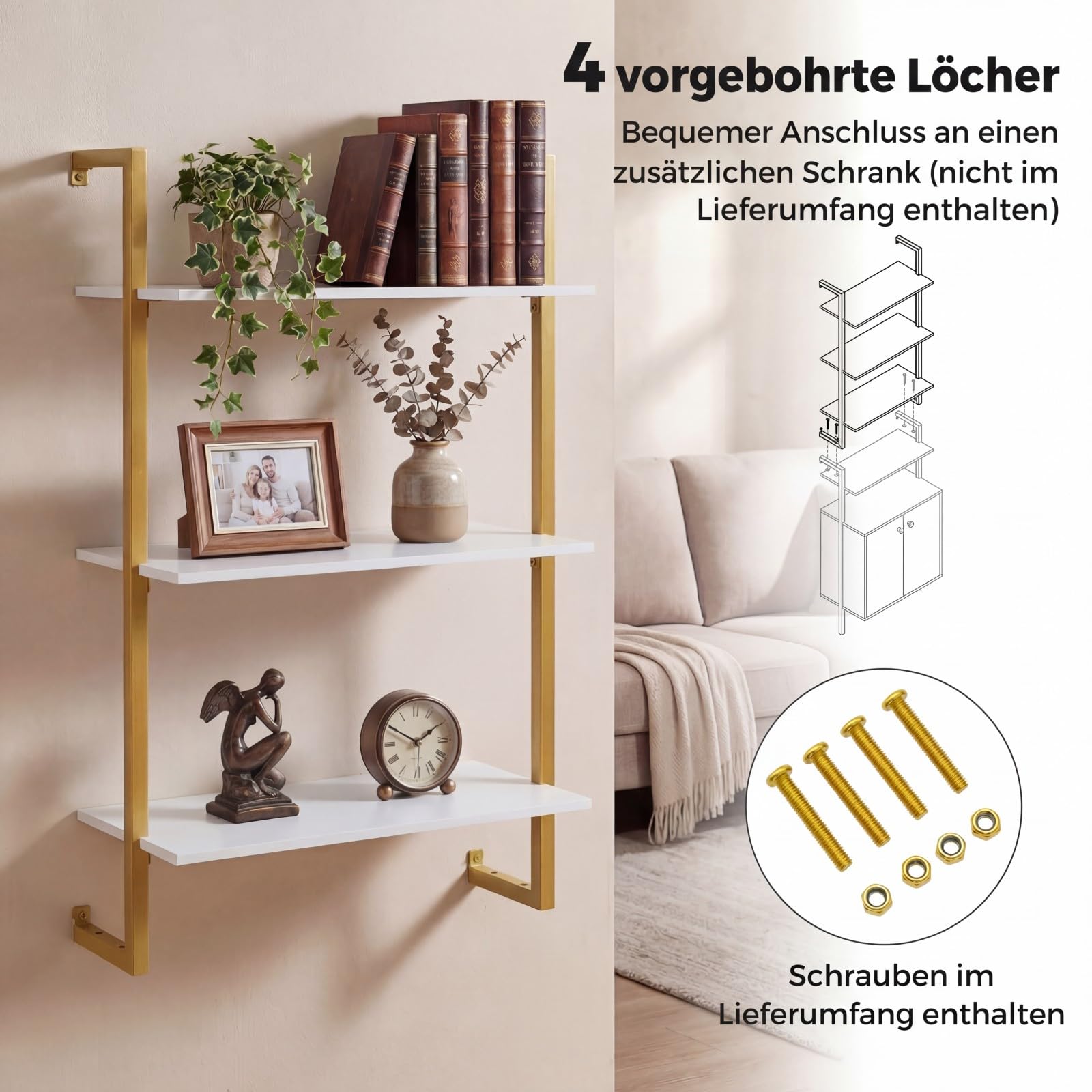 COSTWAY 3 stufiges Wandregal, Küchenregal mit Metallrahmen Lagerregal, schwebendes Bücherregal, Holzregal Schweberegal Hängeregal für Wohnzimmer, Büro & Küche, 53 x 23 x 90 cm (Weiß)