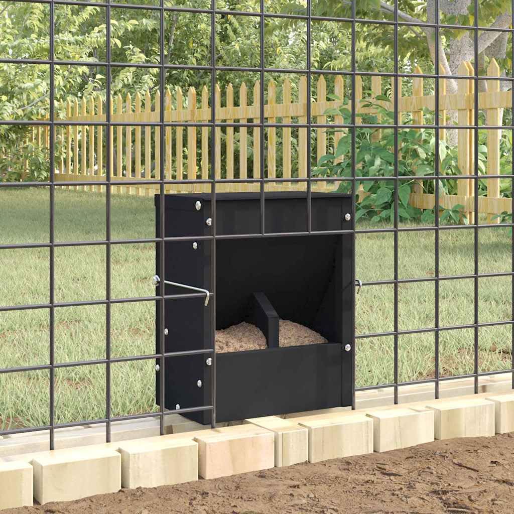 Comedero para conejos negro de acero laminado en frío, 20 x 12,5 x 25 cm, con gancho y drenaje, para interior y exterior, resistente a la intemperie para mascotas y roedores
