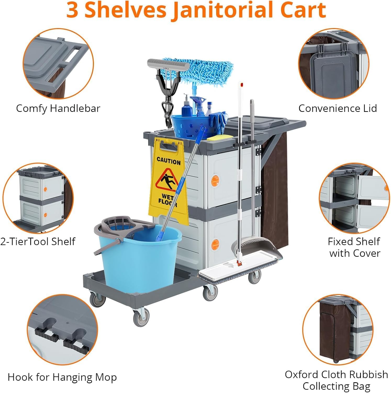 Chariot de Nettoyage Commercial, Chariot de Menage hospitalier Hotel avec 2 Armoires, 3 étagères avec 6 roulettes et Sac en Vinyle pour Bureau, Hôtel, Capacité de 300 LB