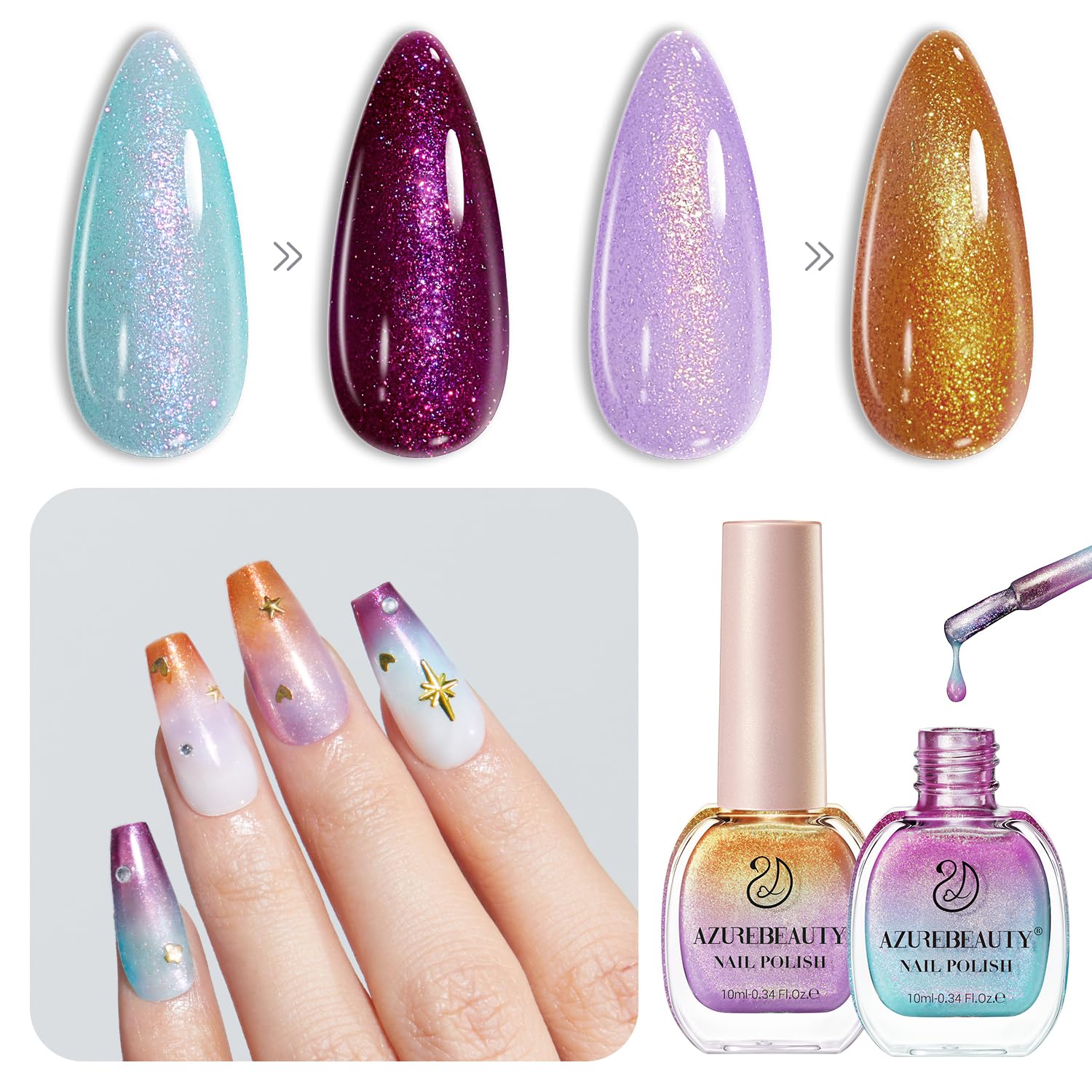 AZUREBEAUTY Sunlight Color Changing Nail Polish Set Quick Dry Blue Purple Mermaid Series 2 Colors Spring Summer Nail Lacquer Natural Fingernail Kit DIY Women Gifts 0.34oz