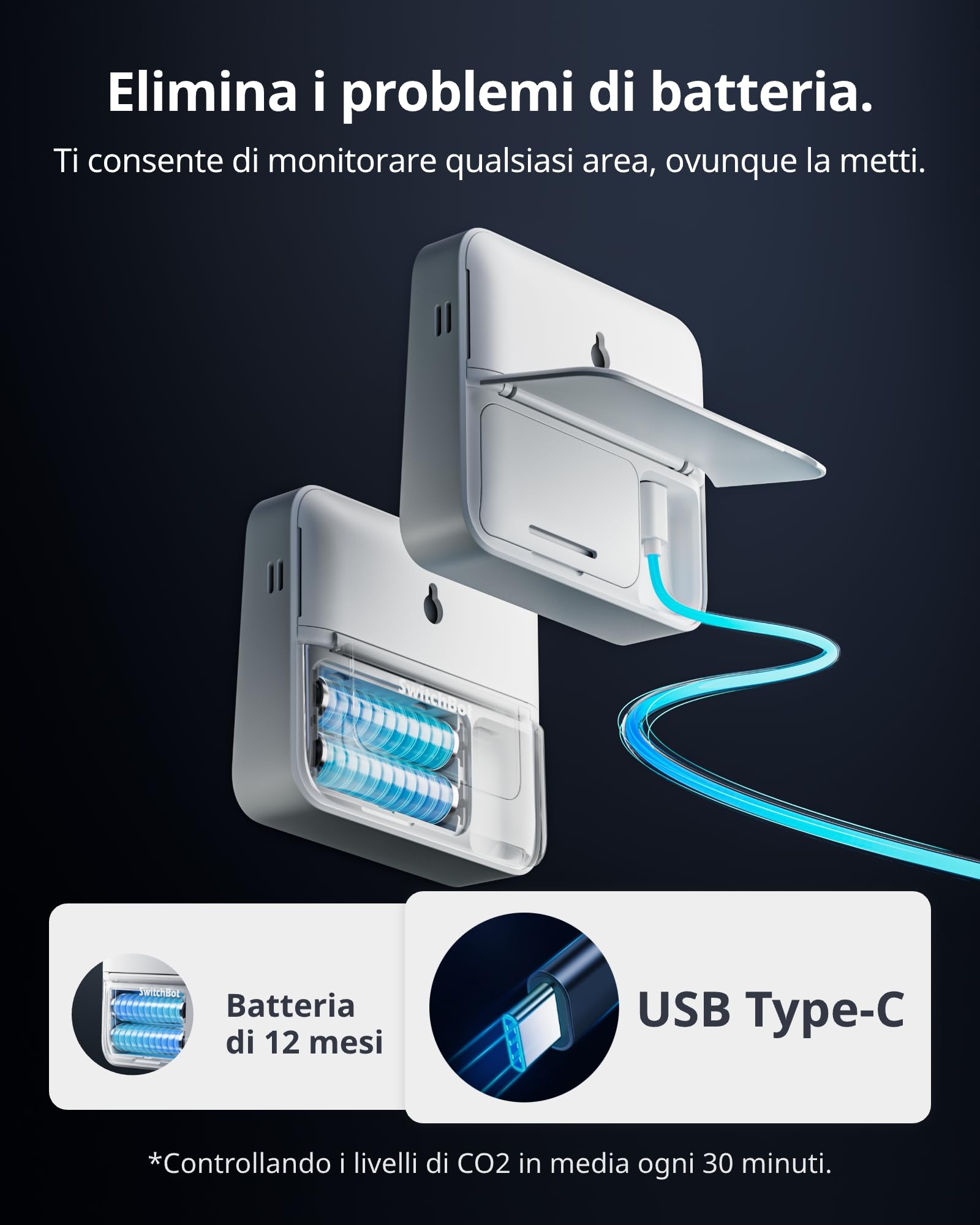 SwitchBot rilevatore di CO2, termometro ambiente interno con sensore CO2, ampio display, tester di qualità dell'aria Bluetooth, igrometro umidità casa