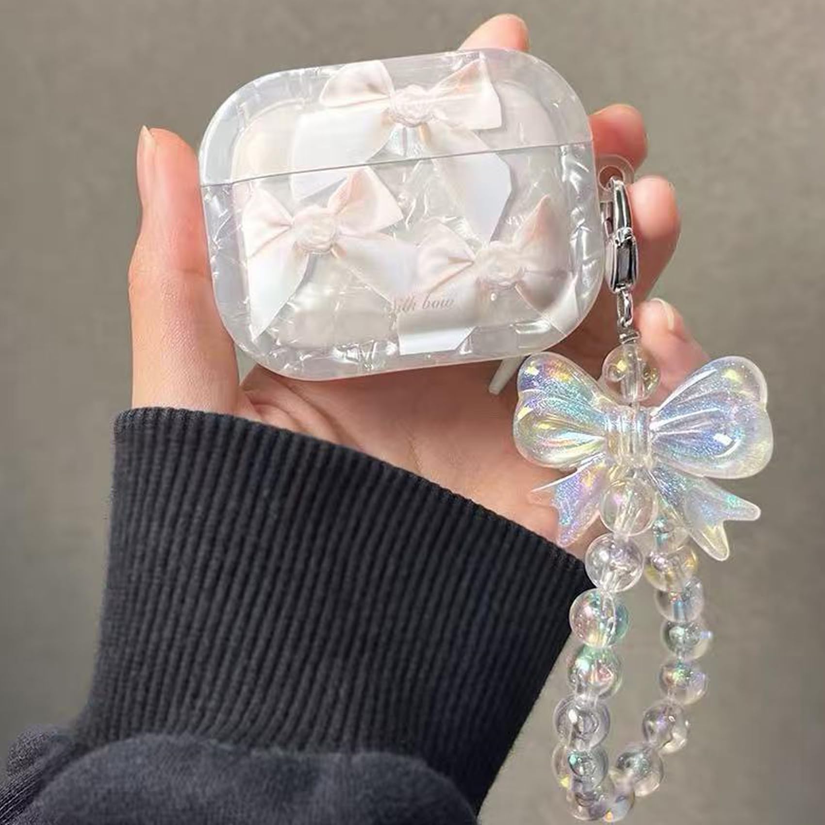 PHOEACC Compatible with AirPods Pro 2nd/1st Generation Case Cute Elegant Bow Ribbon Design with Glitter Keychain Luxury White Shell Pearl Protective