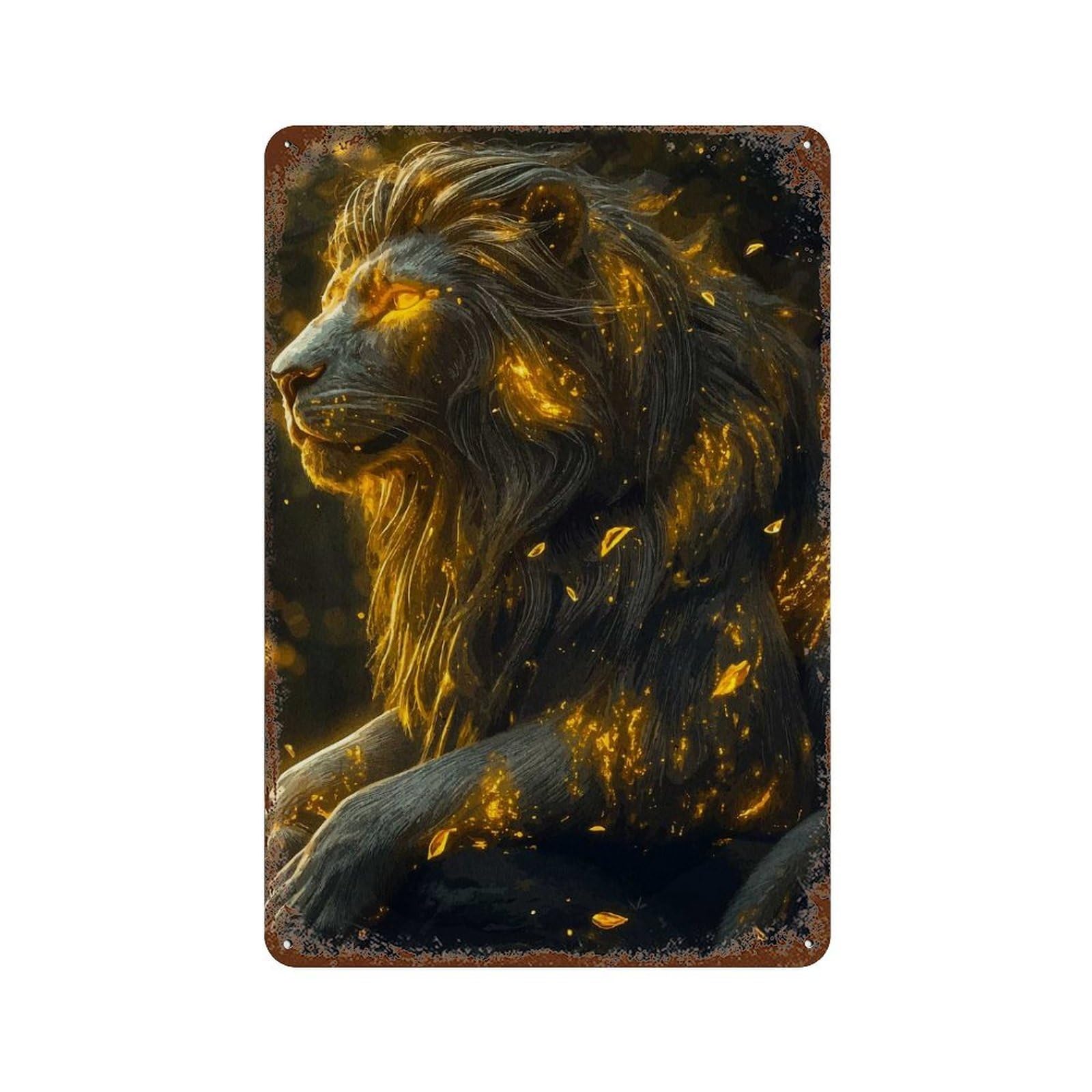 Golden Lion Rust Effect Tin Sign 11.8"x7.9", Industrial Home Decor for Basement, Hobby Room And Garage Decor