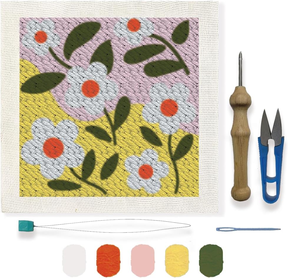 FREEBLOSS Flowers Punch Needle Embroidery Starter Kits for Adults Beginners, Framed Punch Embroidery Kit Include Instructions, Punch Needle Fabric with Daisy Pattern, Flower Wall Hanging Decor