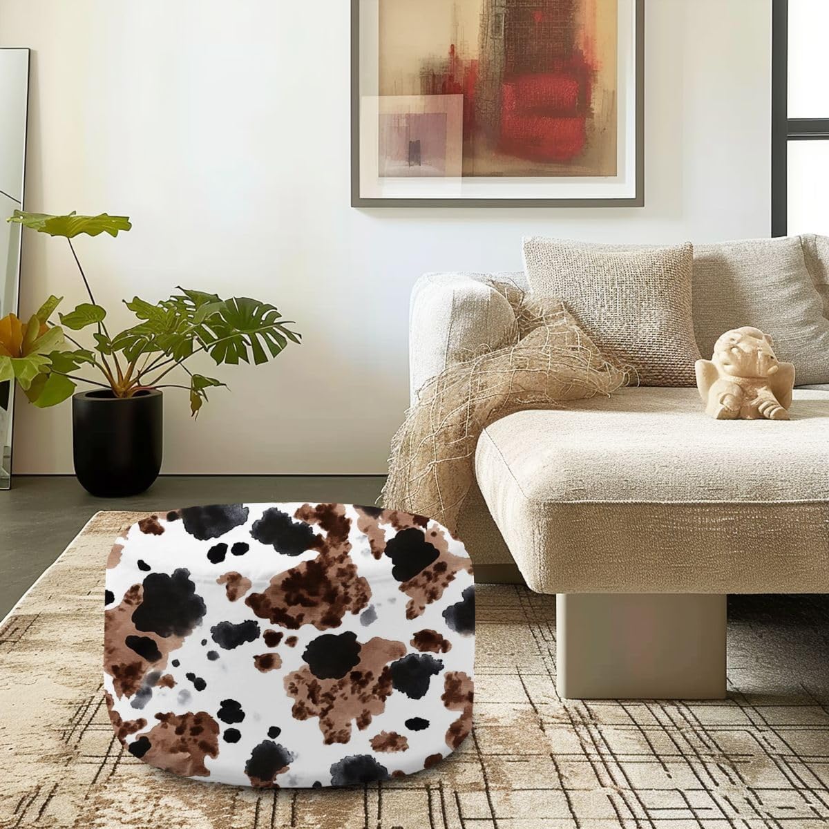 Round Pouf Ottoman Cow dye seamless pattern Watercolor hand drawn black brown color Foot Stool Foot Rest Floor Stool Bean Bag Chair Cotton Linen Removable Indoor Outdoor for Living Room Bedroom