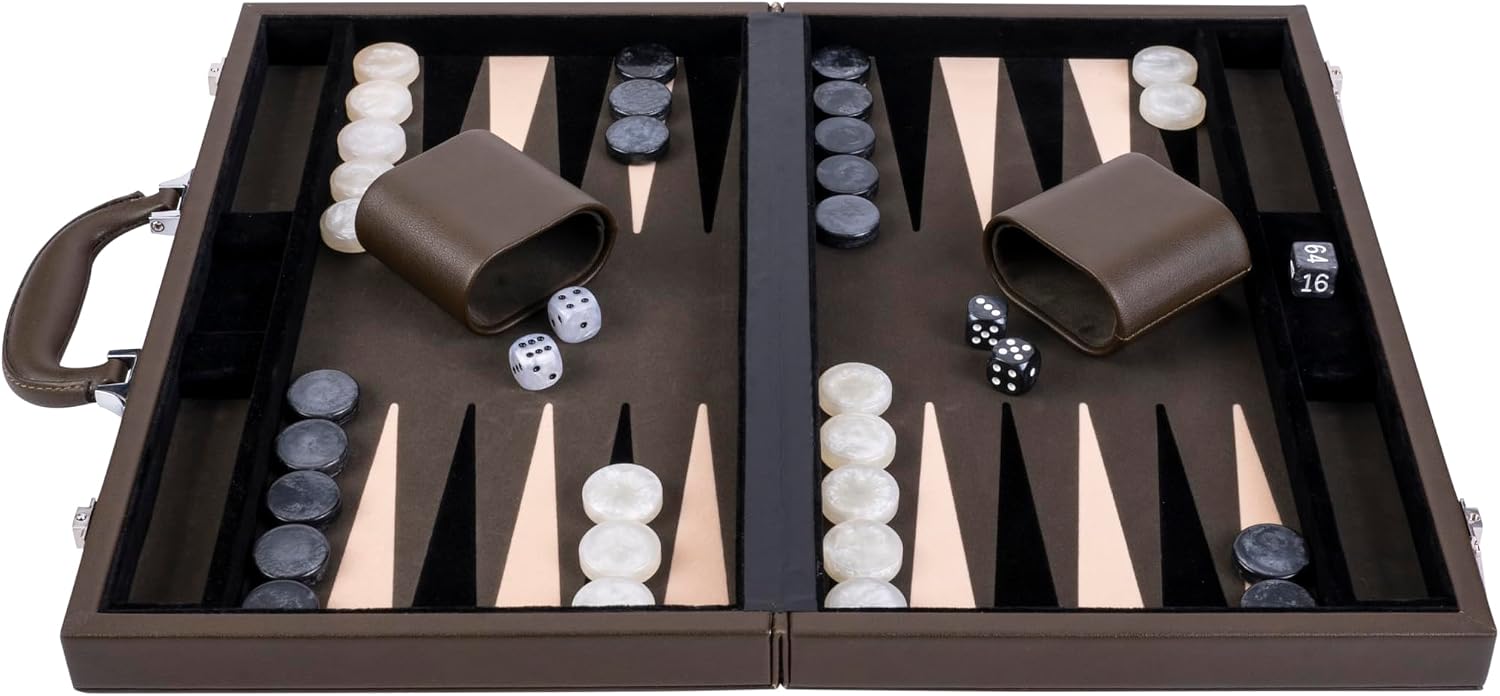 Engelhart-250563 – Backgammon 18 Inch (46.7 cm) Luxury Olive & Cream Leather Case – Inlaid Interior – Open 57.6 × 46.7 cm – Black/White Pieces – Dice & Cups – Deluxe Board Game