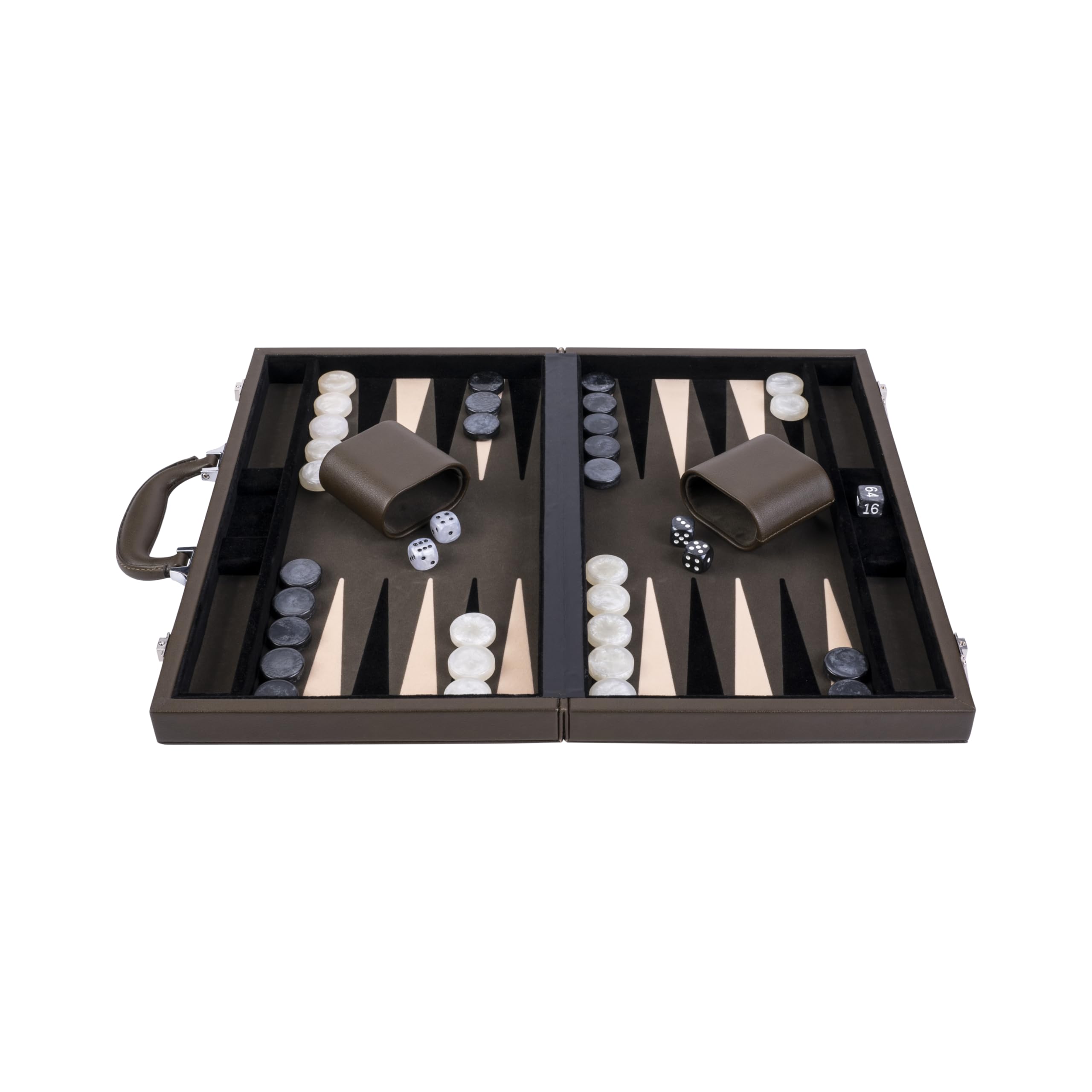 Engelhart-250563 – Backgammon 18 Inch (46.7 cm) Luxury Olive & Cream Leather Case – Inlaid Interior – Open 57.6 × 46.7 cm – Black/White Pieces – Dice & Cups – Deluxe Board Game