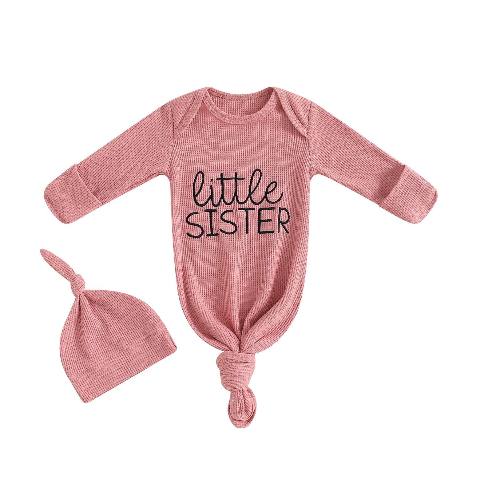 Ayalinggo Newborn Boy Girl Coming Home Outfit Baby Infant Sleeper Gown Nightgown Outfits Cute Fall Winter Pajamas and Hat (Waffle Knit Little Sister Pink, newborn)