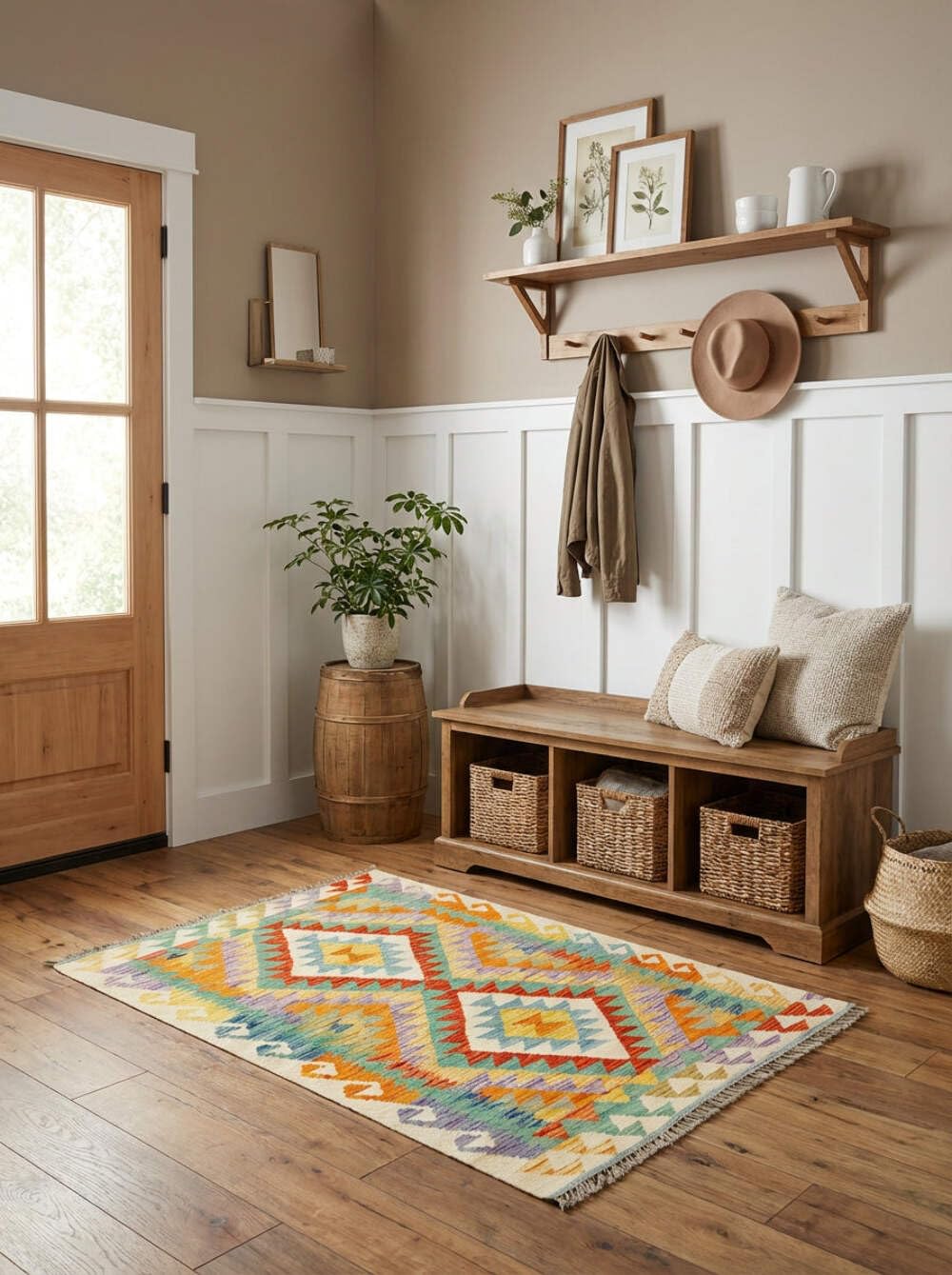 Kilim Tapis 100 % laine 122 x 88 cm, fait à la main, pièce unique de style Herat Boho multicolore, tissage plat, tapis d'entrée et chambre
