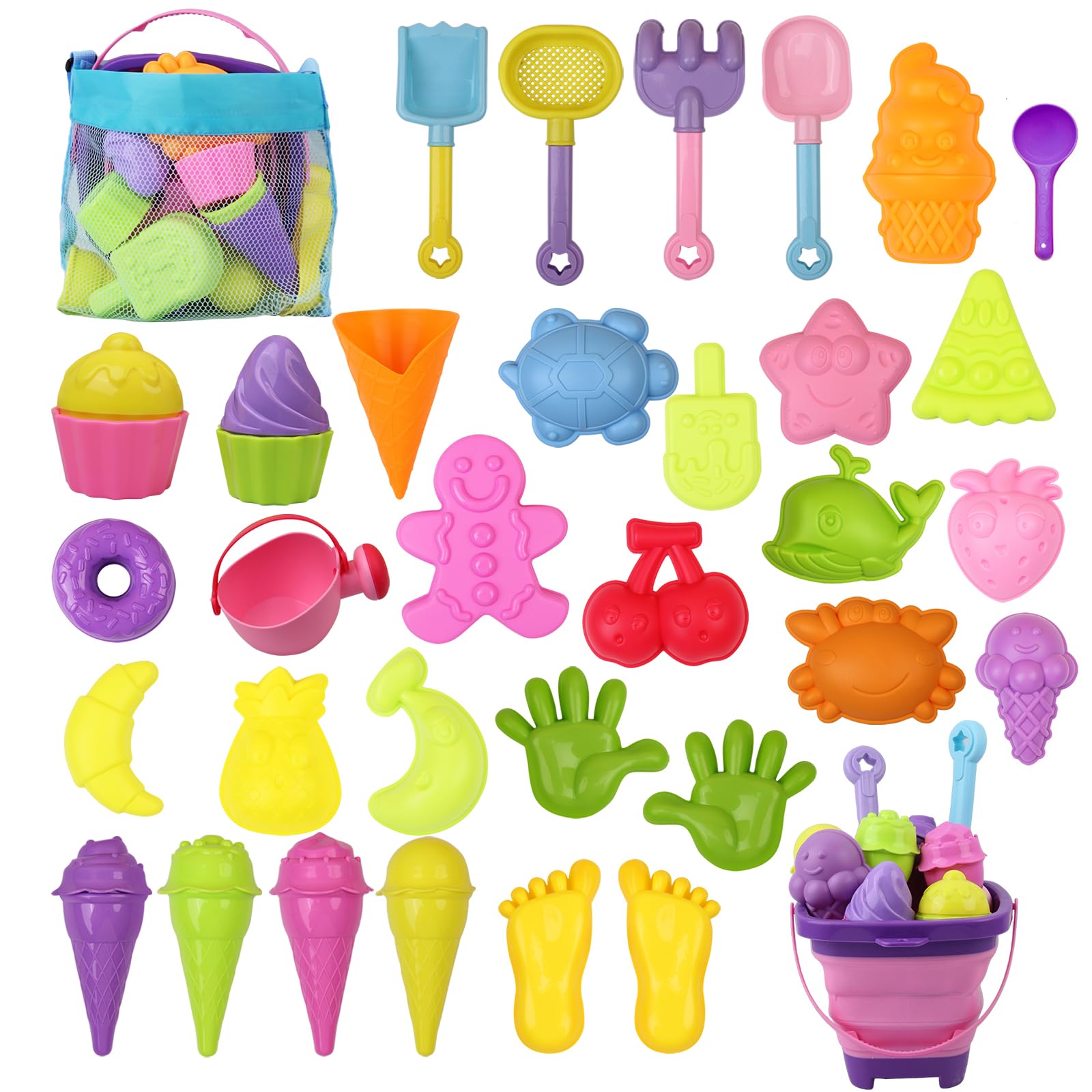 AYSOW Juego De Juguetes De Playa，40 Piezas Heladeria Juguetes Playa con Arena,Juguetes Playa Infantiles con Cubo Moldes De Arena, Bolsa, Juguetes De Playa para Niños Silicona para Niñas Niños