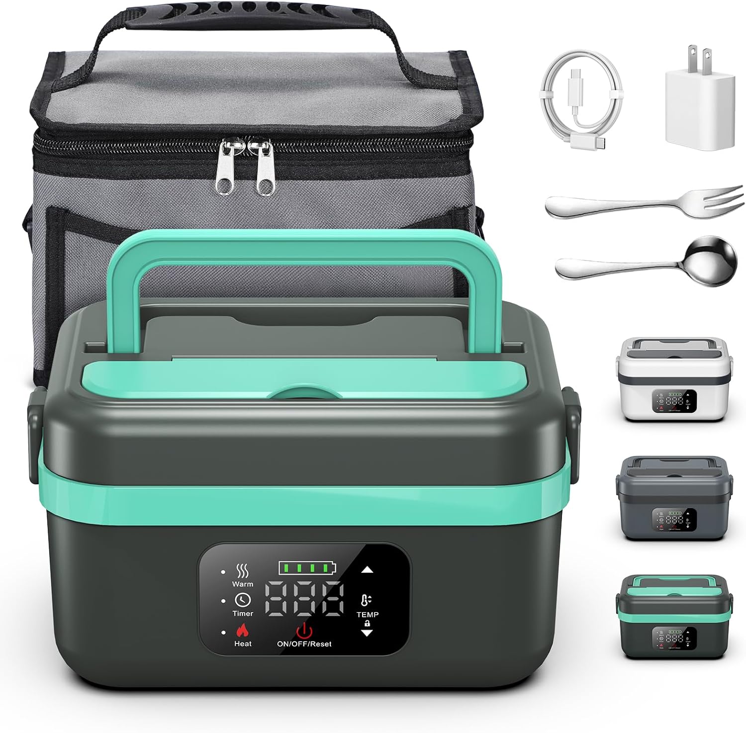 Electric Heated Lunch Box for Adults, EDCERATY Rechargeable 60W Self-Heating Food Warmer with 1L Stainless Steel Container, Fork, Spoon and Insulated Carry Bag for Work Men Car Truck(Grey+Green)