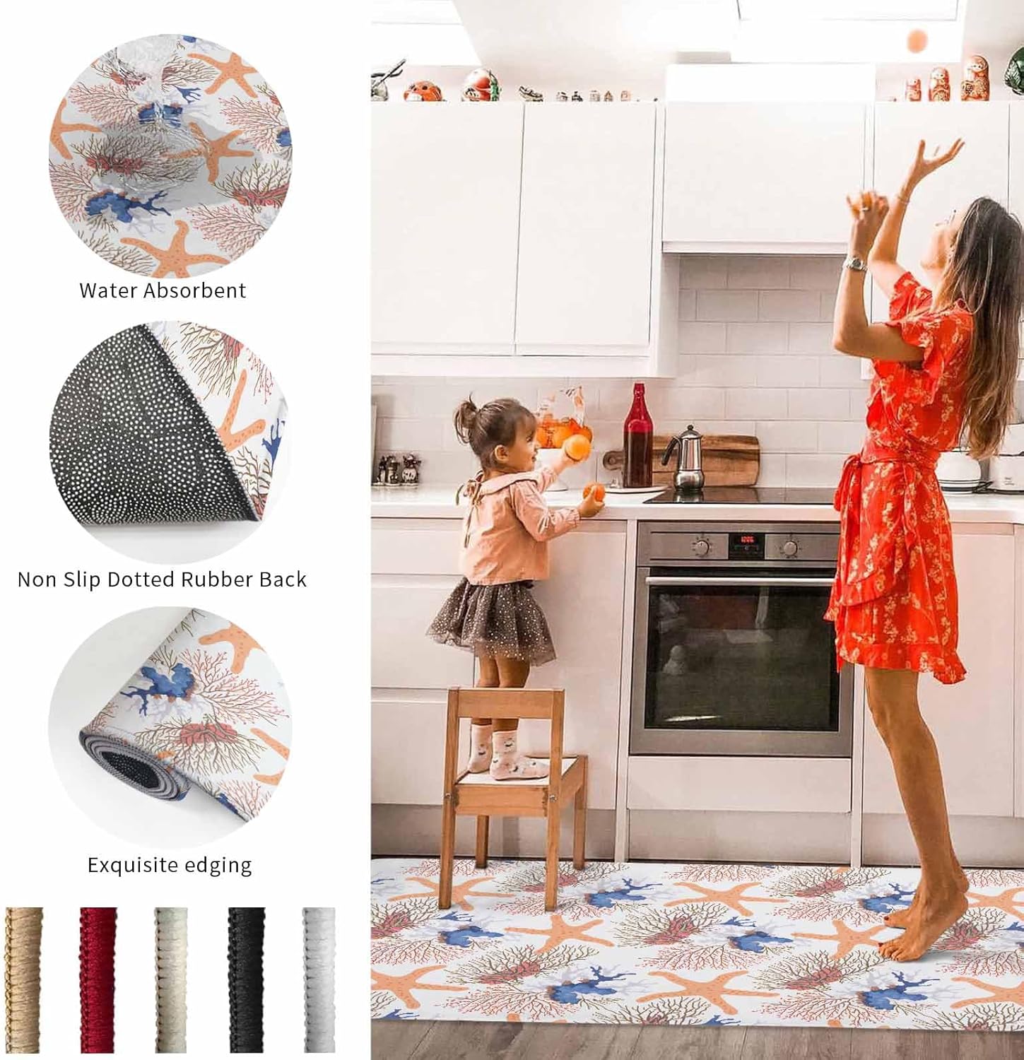 2 Pieces Kitchen Rugs and Mats,Summer Watercolor Coral Starfish Conch Area Runner Rug Set Non Slip Floor Doormat Washable Carpet Standing Mat for Kitchen Sink Indoor Corridor,Nautical Retro Marine