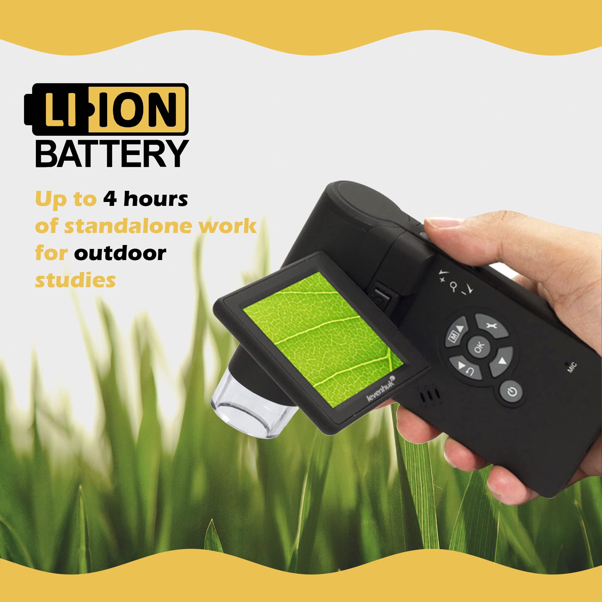 Microscopio Digital Portátil USB Levenhuk DTX 500 Mobi (20–500x) con Pantalla LCD para el Examen de Cualquier Superficie, Tanto en el Hogar como en Exteriores
