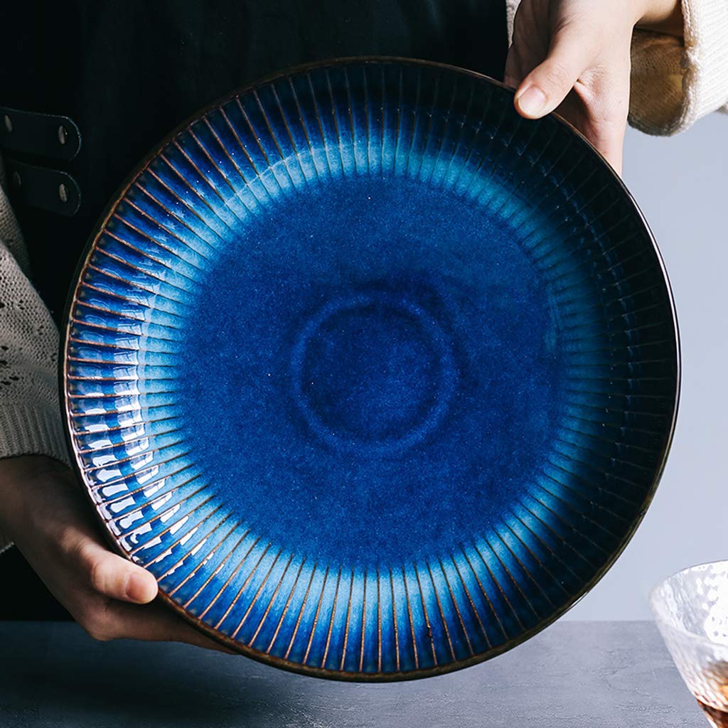 Vajillas, Platos de cerámica, 12 Piezas, Plato Hondo de Porcelana Gourmet Profesional, Color Azul Ojo de Gato, Plato Hondo para Pasta, Plato Hondo a Rayas para Restaurante.