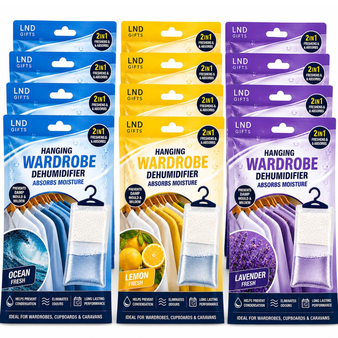 LND Gifts Set Of 12 Scented Hanging Wardrobe Dehumidifiers - Dehumidifier For Bedroom, Dehumidifiers Disposable, Dehumidifier Bags, Lavender, Ocean, Lemon Scents