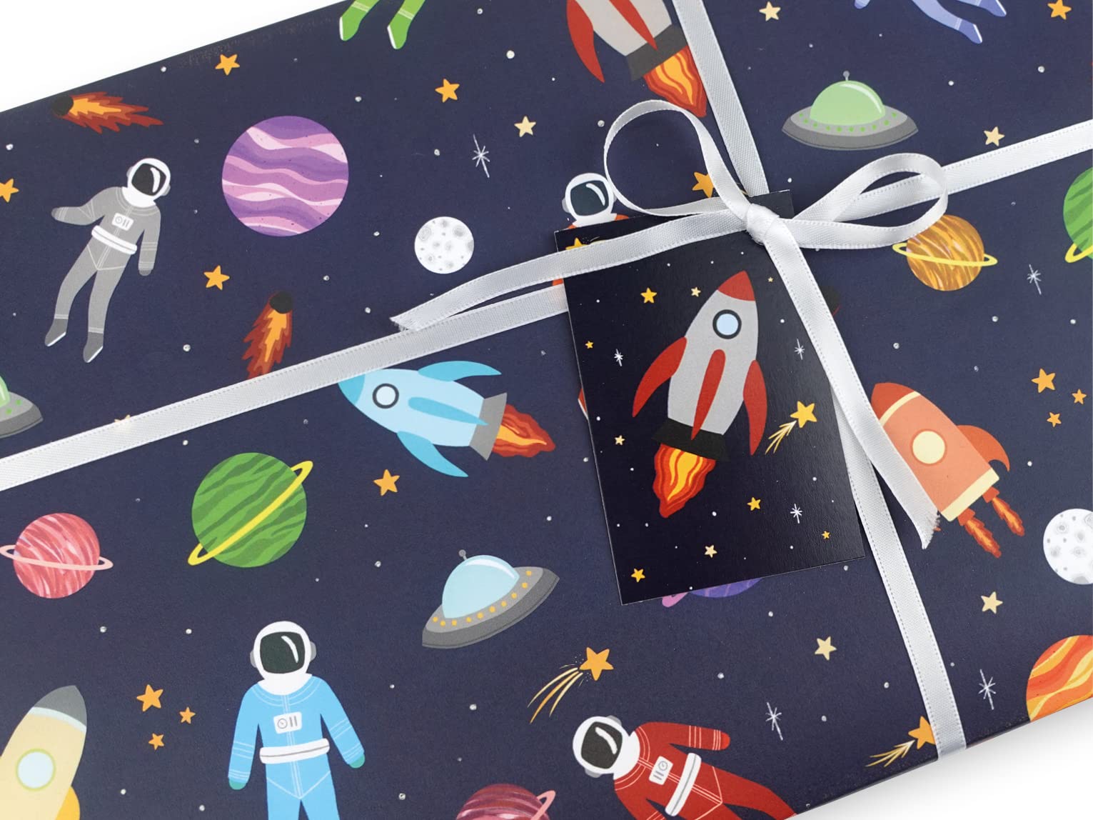 Childrens wrapping paper | Handmade gift wrap by VerbatimART - 50x70cm (6 Sheets + 6 Tags, Outer Space)