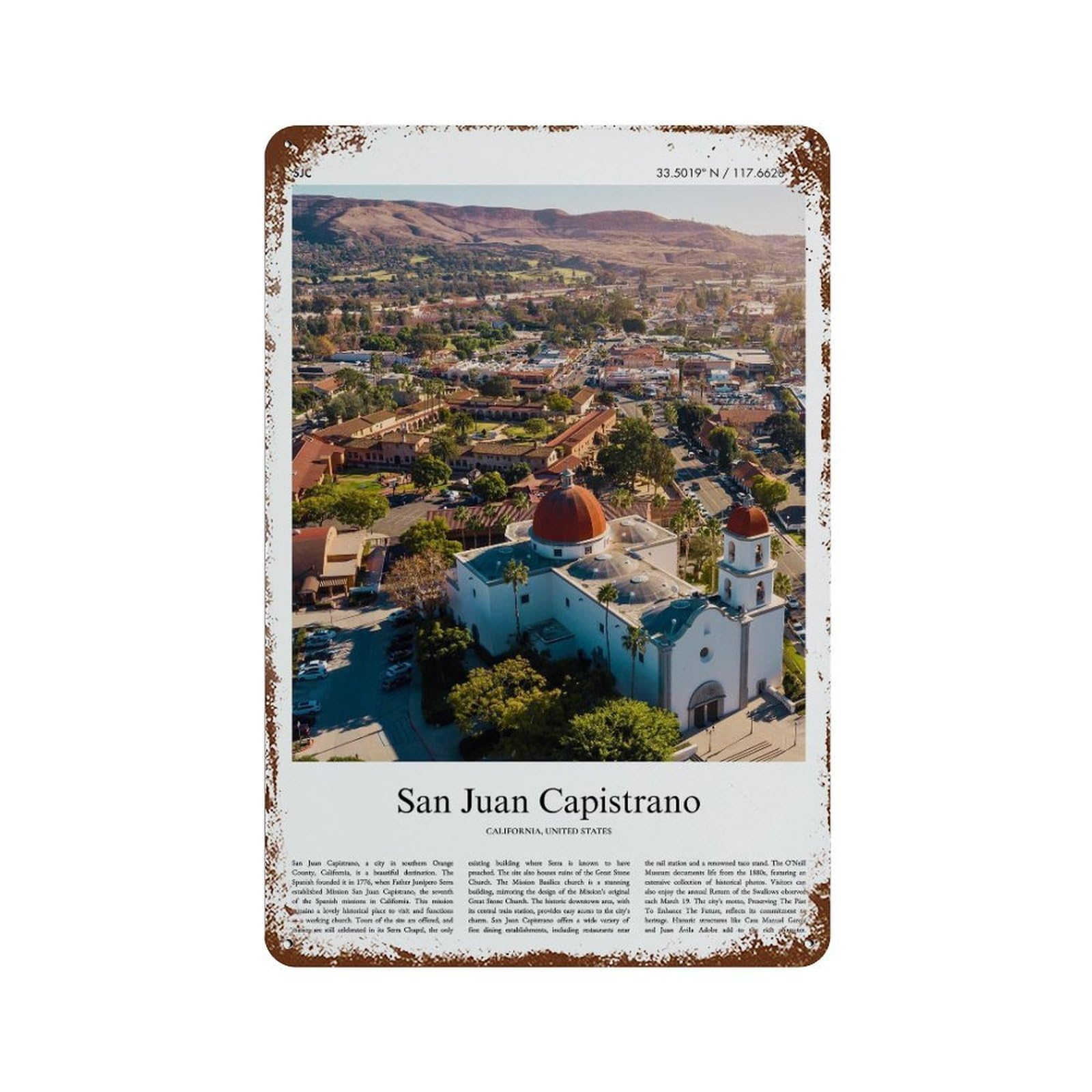 xiaoxiaoshen San Juan Capistrano California, United States, USA City Scenery Wall Decor Art Metal Tin Poster Modern Home Decor Art Home Bar Shop Decorations Vintage Sign 30x20cm