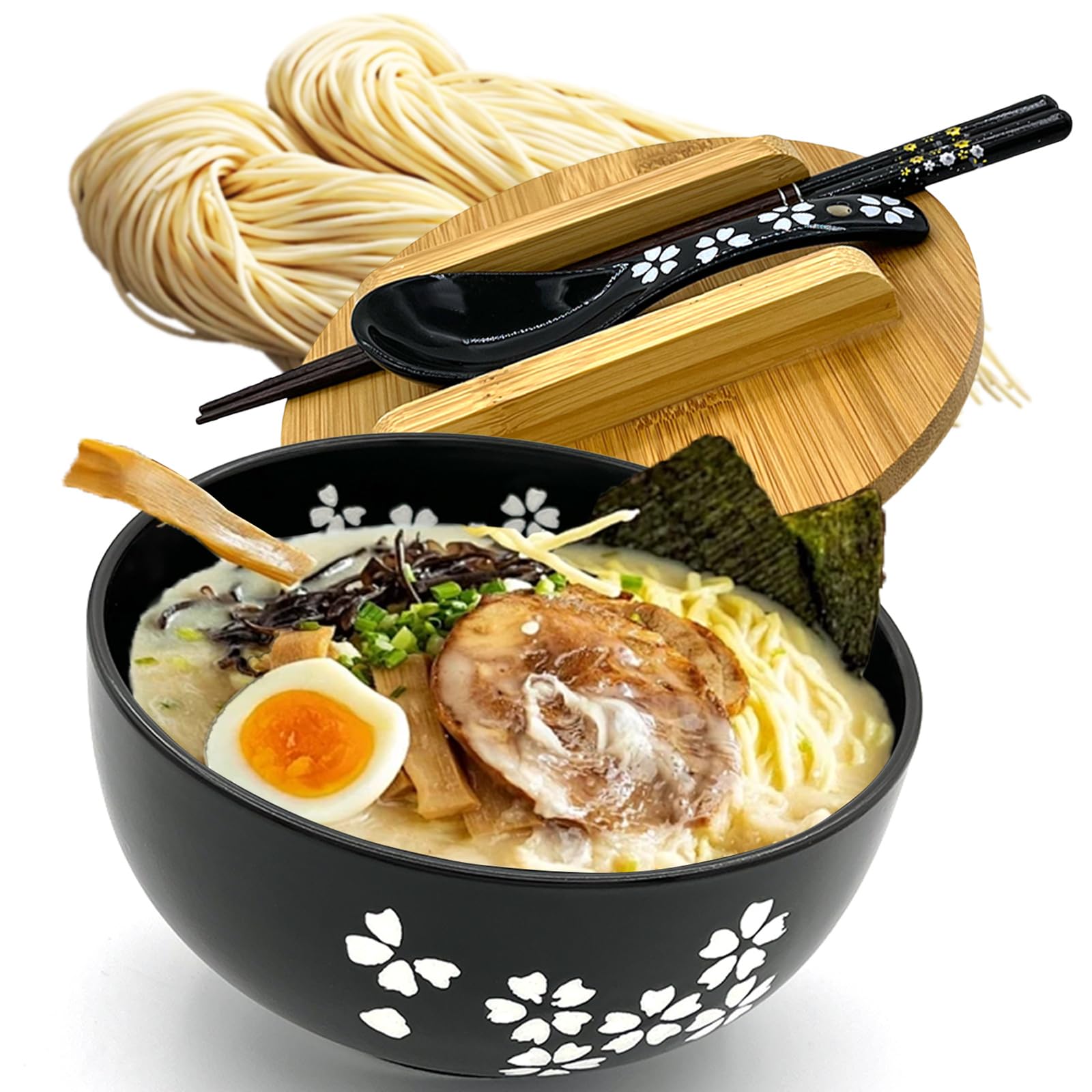lachineuse - Ciotola per Ramen giapponese con coperchio - Ciotola per gatti Kawaii - Ciotola per spaghetti istantanei e colazione - Con posate - Idea regalo anime Giappone - Ciotola cinese per bambini