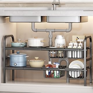 【横幅調節】 シンク下収納ラック 2段 キッチン 伸縮シンク下ラック キッチン下収納 調整可能 キッチン収納ラック 流し台・洗面台下 小物整理 伸縮棚 (棚板4枚+バスケット4個)