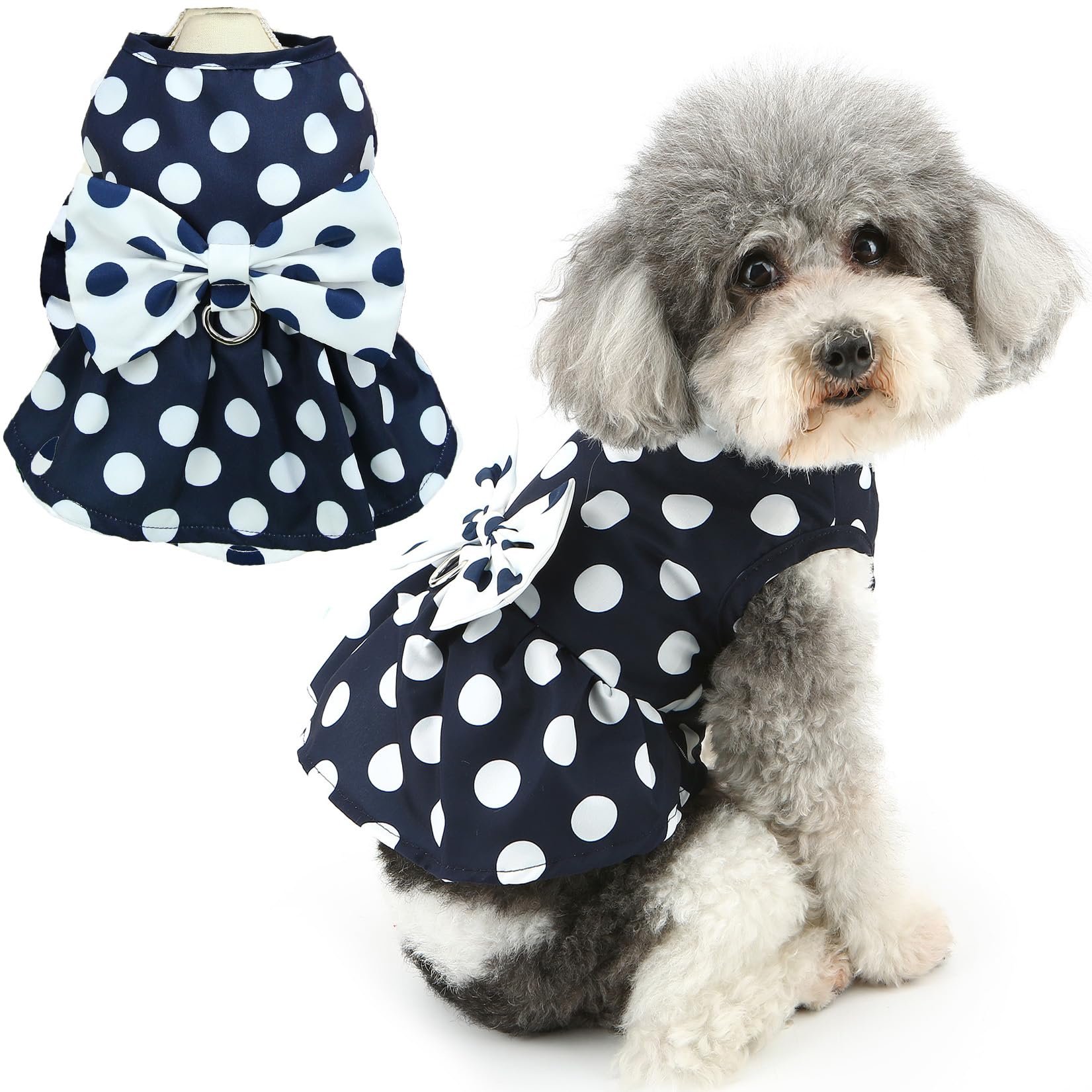 Zunea Vestidos de lunares para perros pequeños, ropa de verano para cachorros, falda con anillo en D, bonito vestido de princesa con lazo, vestido suave para mascotas, ropa de chihuahua yorkie, azul,