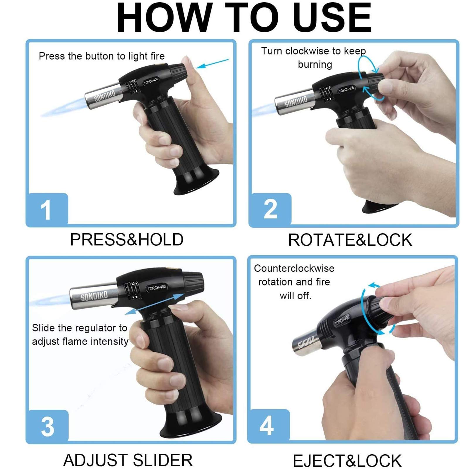 Sondiko Butane Torch, Professional Culinary Kitchen Torch Refillable