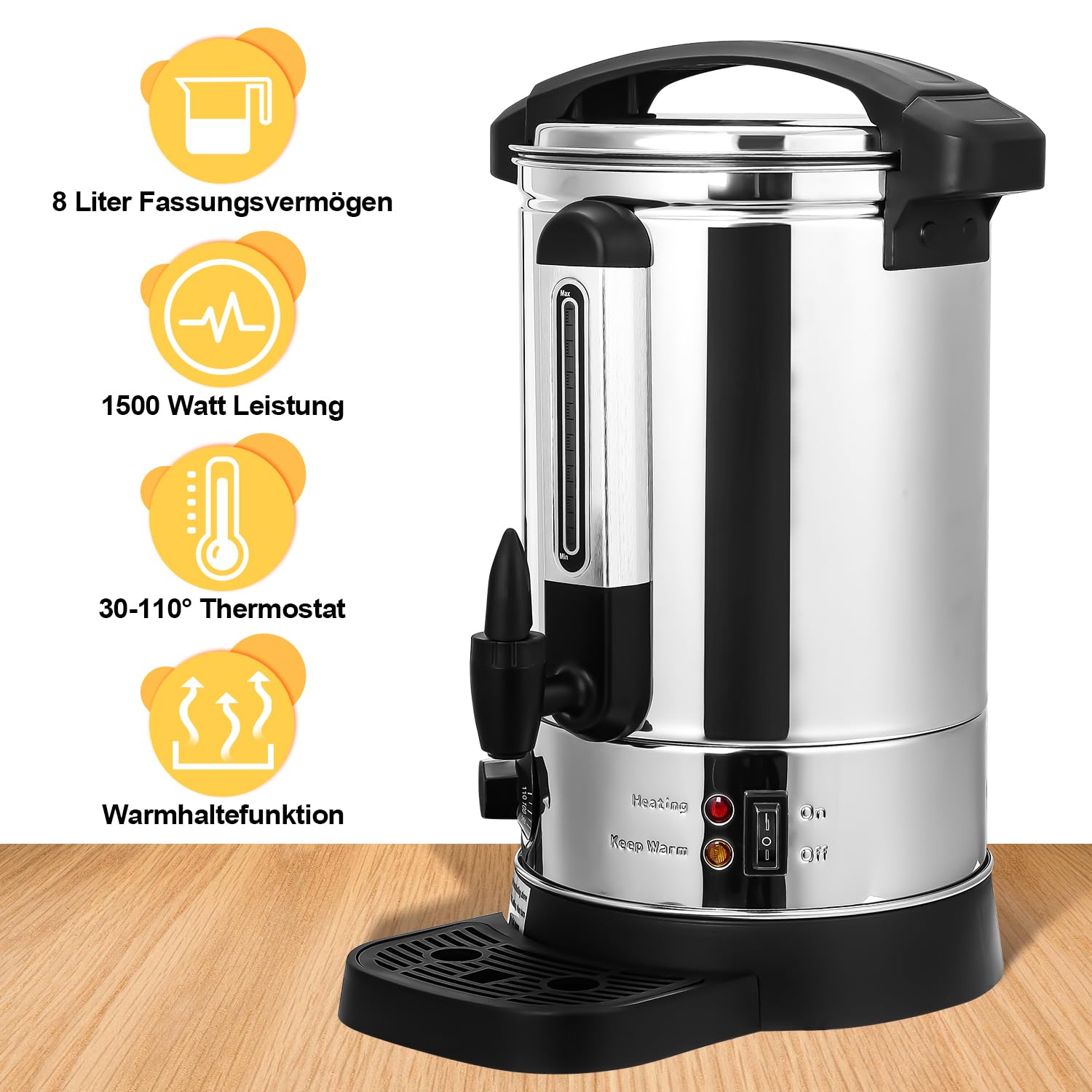 Bollitore Per Vin Brulé 8 Litri – Acciaio Inox Con Rubinetto, Termostato Regolabile 30-110°C, 1500W, Indicatore Livello Acqua