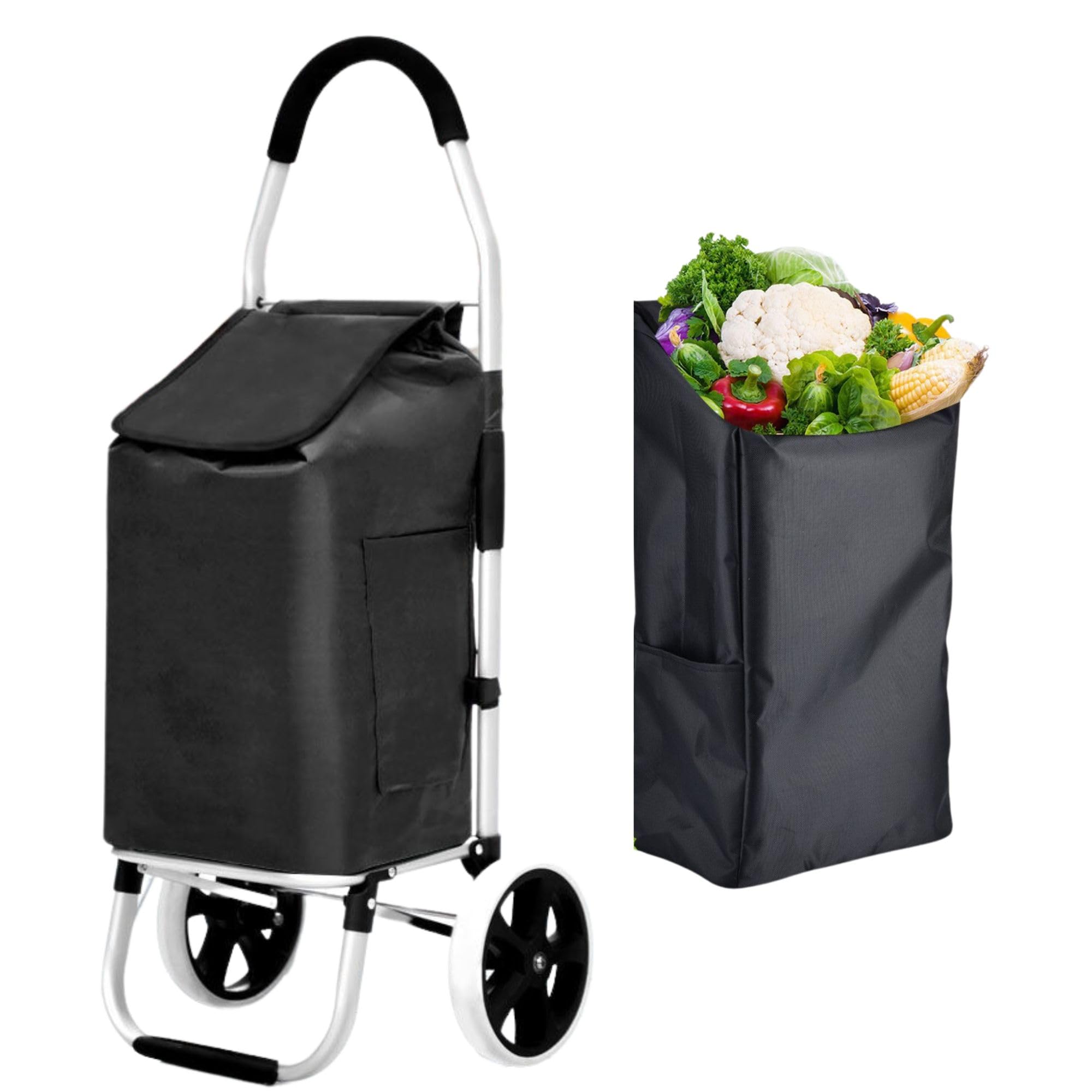 43.5Liter Aluminium Trolley Einkaufstrolley Klappbar, Shopping Trolley, Wasserabweisender Einkaufswagen Faltbar, Einkaufstasche mit 2 Rädern, Einkaufskorb mit Rollen, Groß - Schwarz