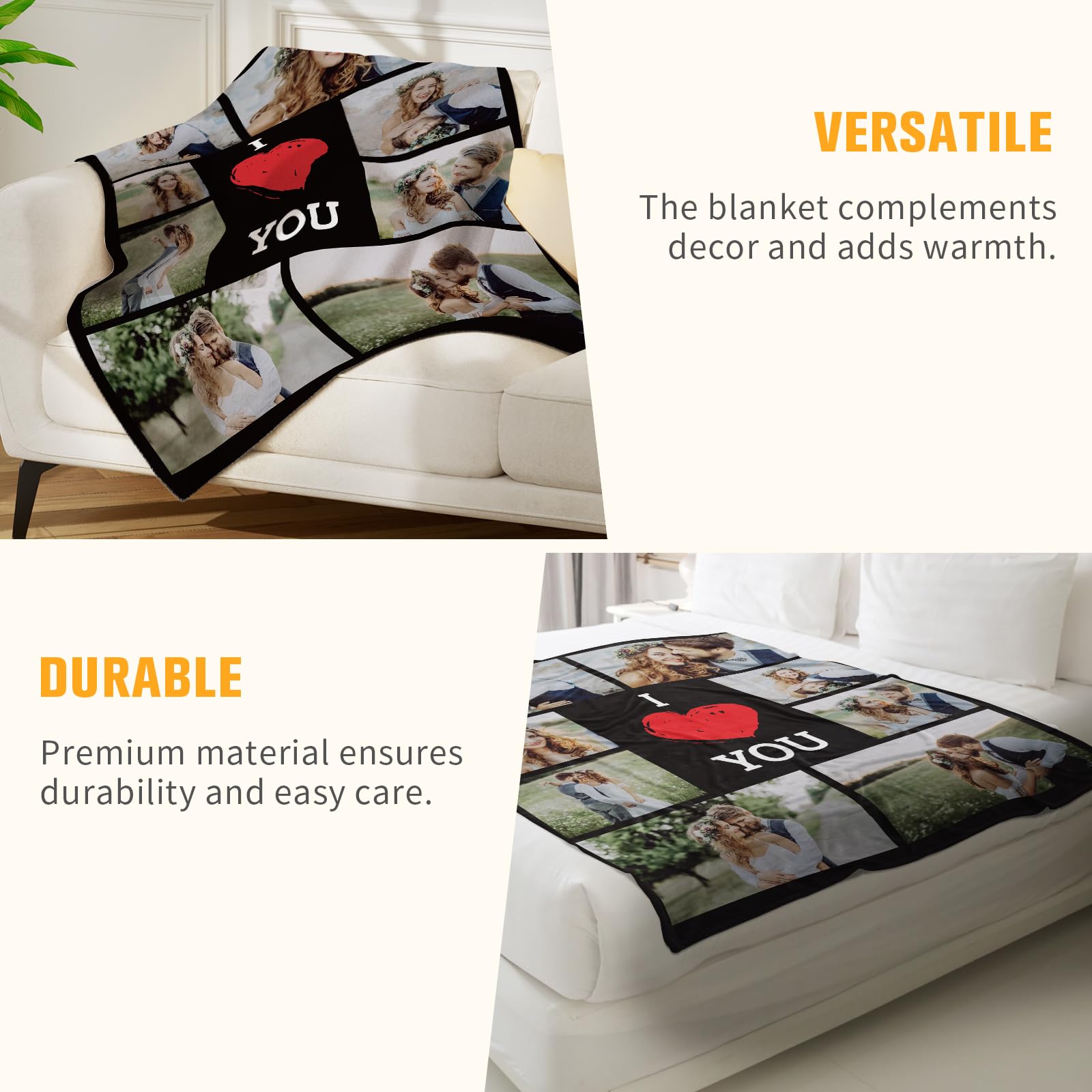 Individuelle Fotodecke – Personalisierbar Mit 2 Fotos & Text, Kuschelweicher Überwurf