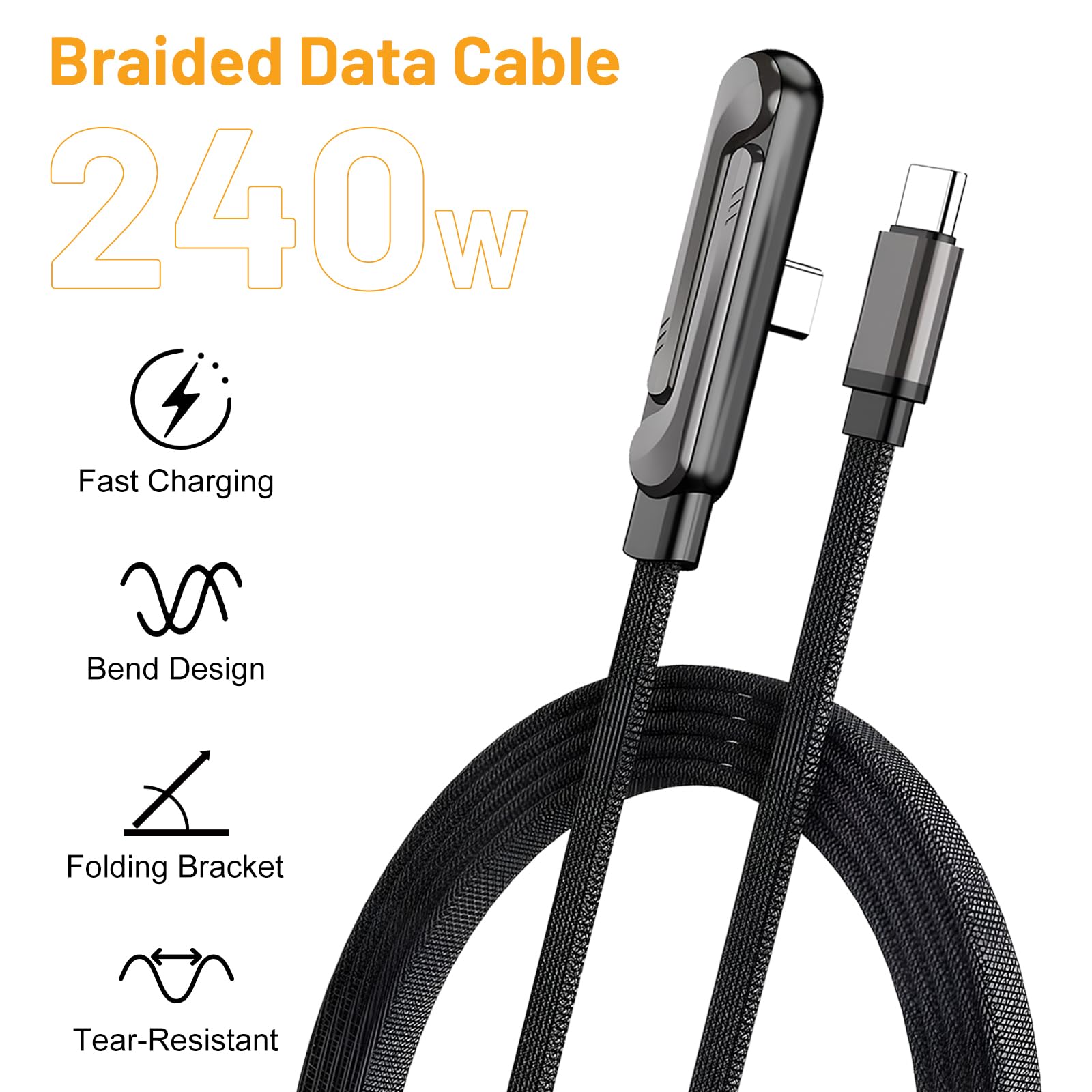 Cavo USB-C 240W con Supporto, cavo laterale con supporto, 1,5 m cavo USB Type-C intrecciato, cavo ricarica rapida Type C con supporto per smartphone, cavo USB C per caricatore e caricatore rapido