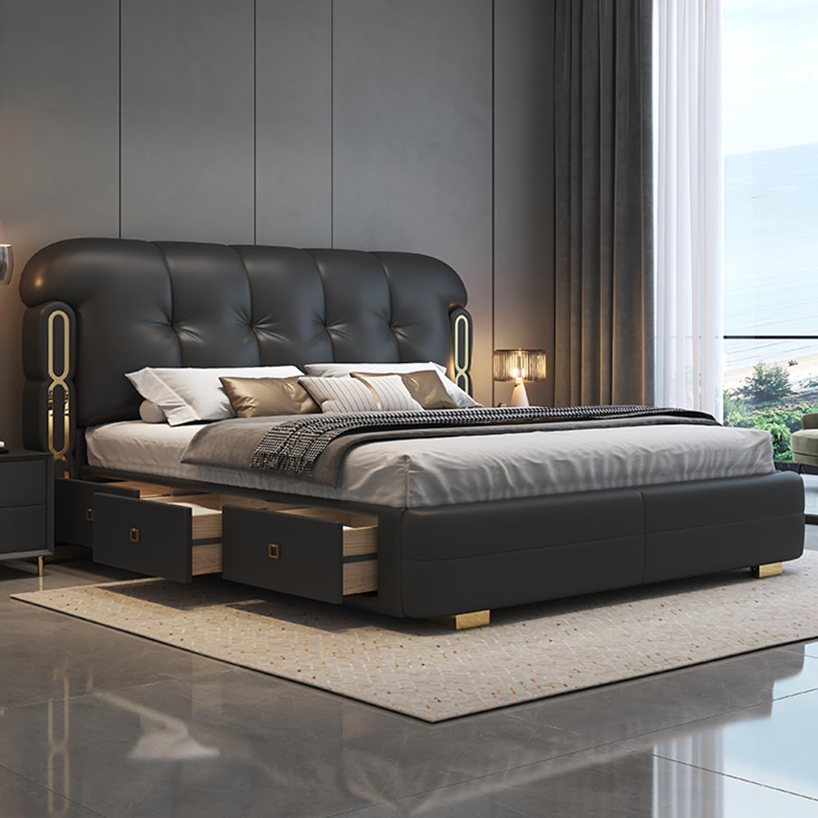 Black King Size Upholstered Platform Bed Frame with Headboard and Lift Up Storage Strong Wooden Slat Support No