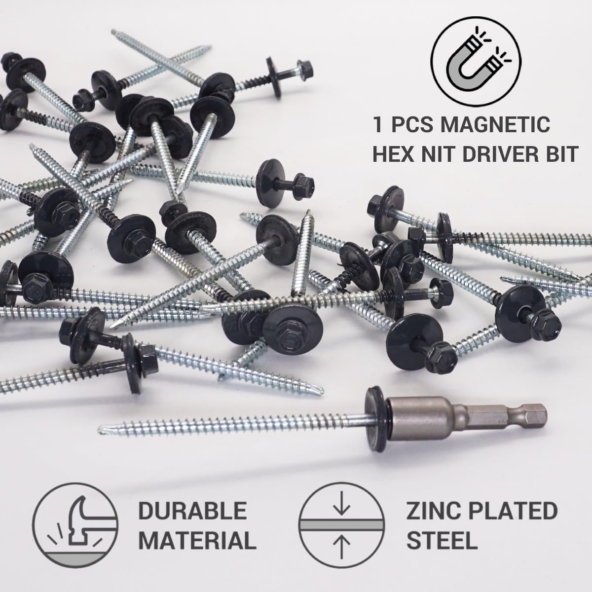 SKIR'CO (10 pcs) Painted Roofing Screws 4.8 x 80 mm, Hex Head, Self-Drilling Screws With EPDM Washers (Anthracite Grey, RAL 7016) - Image 3