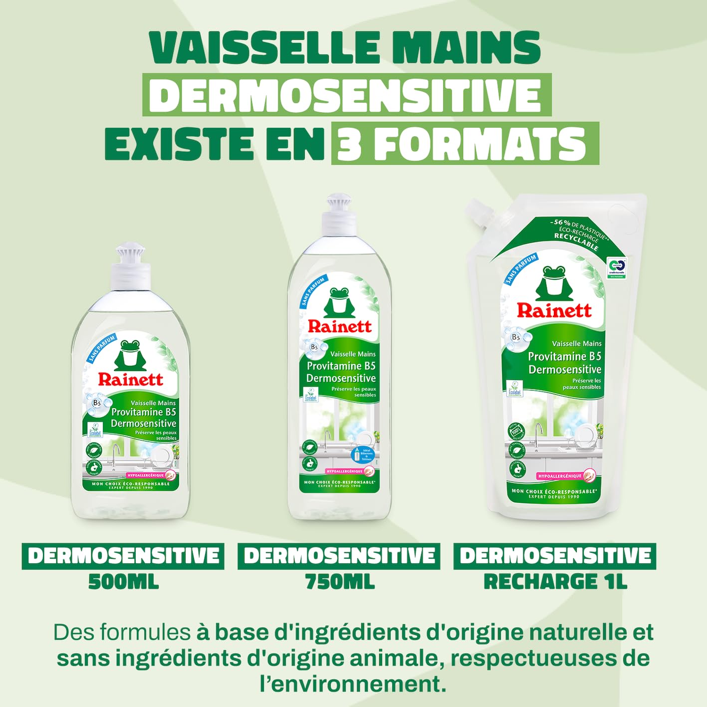 RAINETT - Liquide Vaisselle Mains Dermosensitive - Éco-Recharge 1 L - Formule Hypoallergénique - pH Neutre - Préserve les Peaux Sensibles - Poche 100% Recyclable - Ecolabel - Éco-Recharge 1 L
